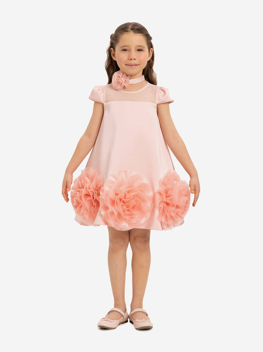 Pink girls’ dress with layered tulle skirt and flower choker detail