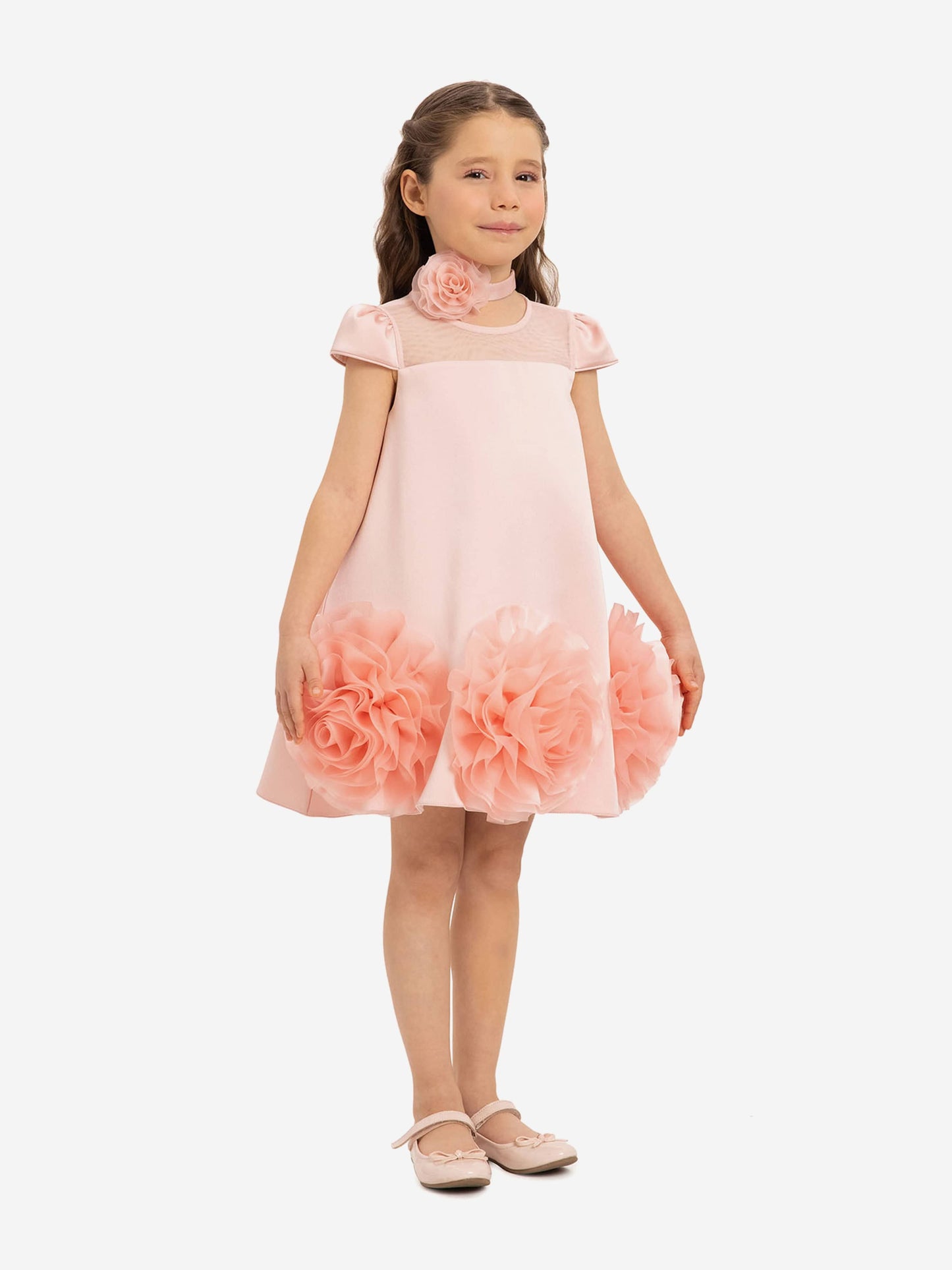 Pink girls’ dress with flower choker, layered skirt with ruffled bloom accents