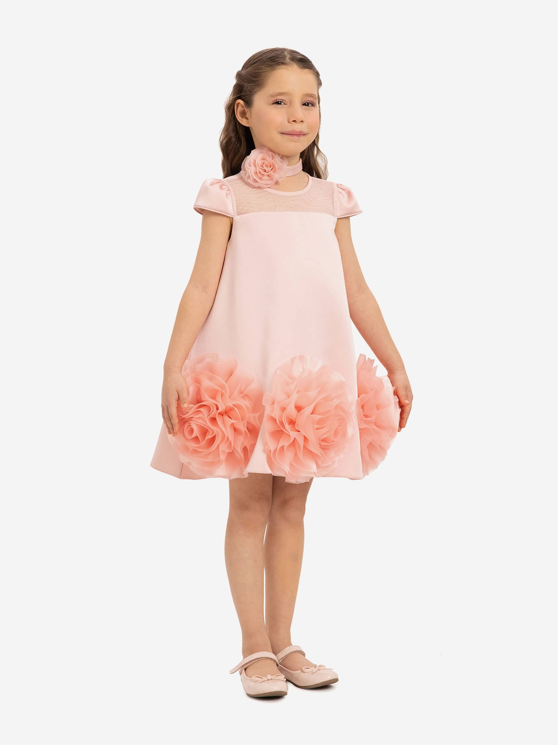 Pink girls’ dress with flower choker, layered skirt with ruffled bloom accents