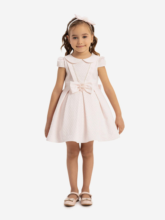 Pink baby girls dress with bow waist detail and matching headband, short sleeves