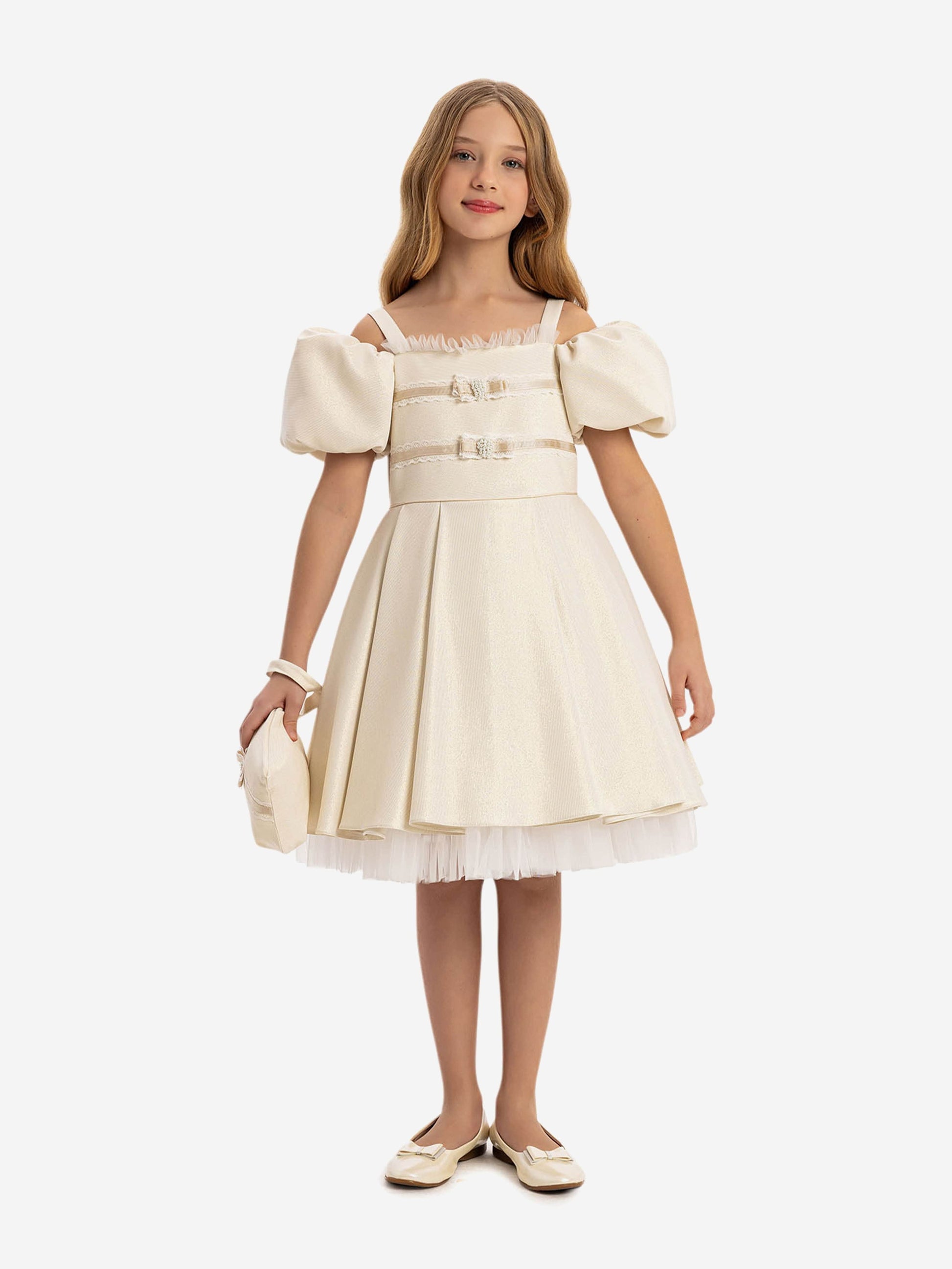 Beige girls puff-sleeve dress with layered tulle skirt and small matching bag
