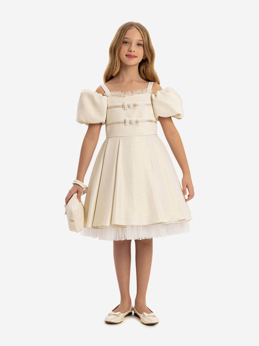 Beige girls puff-sleeve dress with layered tulle skirt and small matching bag