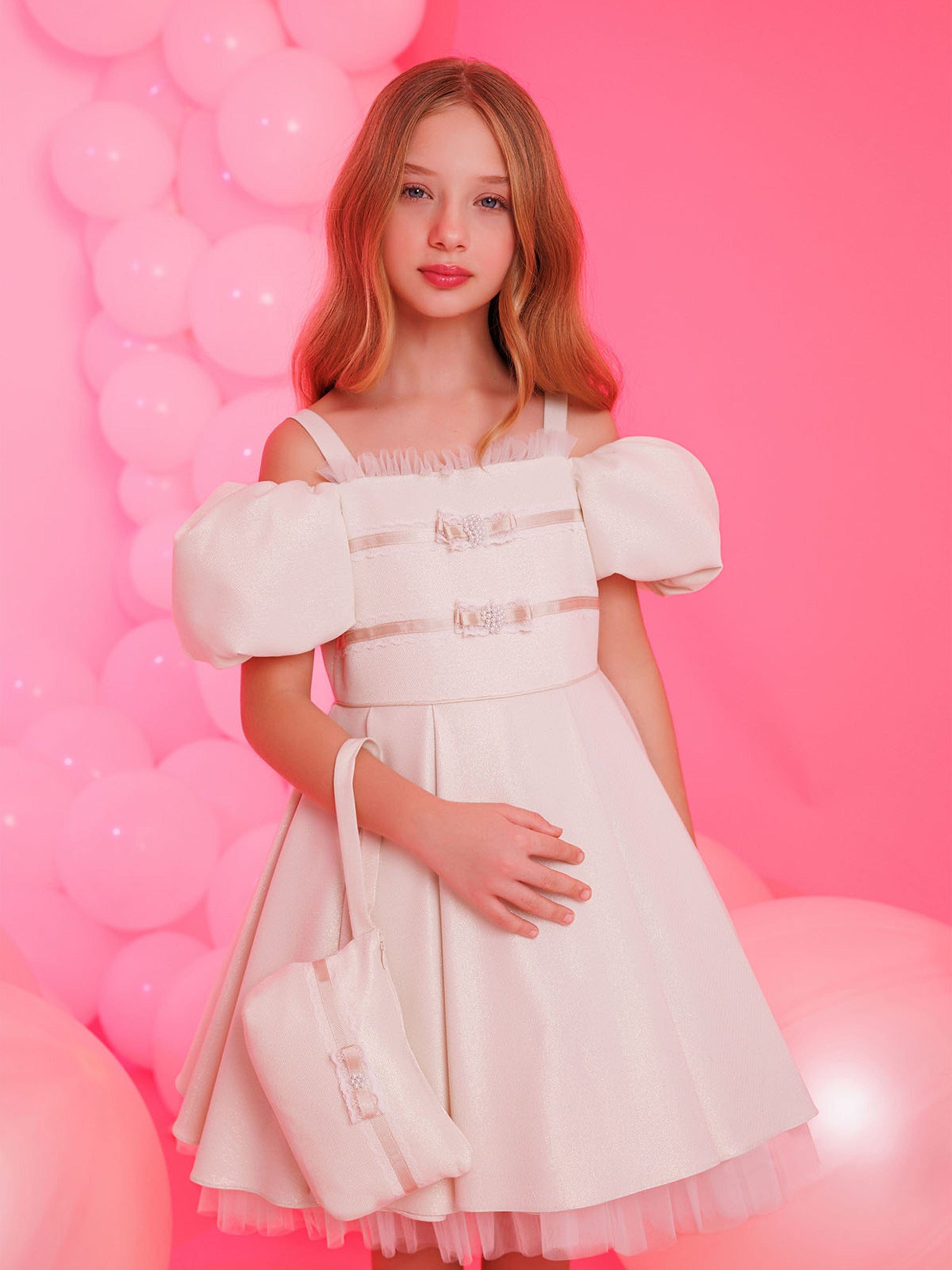 Beige girls puff-sleeve dress with ruffled neckline, tulle skirt, ribbon waist