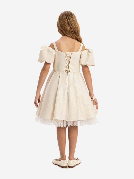 Beige girls puff-sleeve dress, square back straps, flared tulle hem