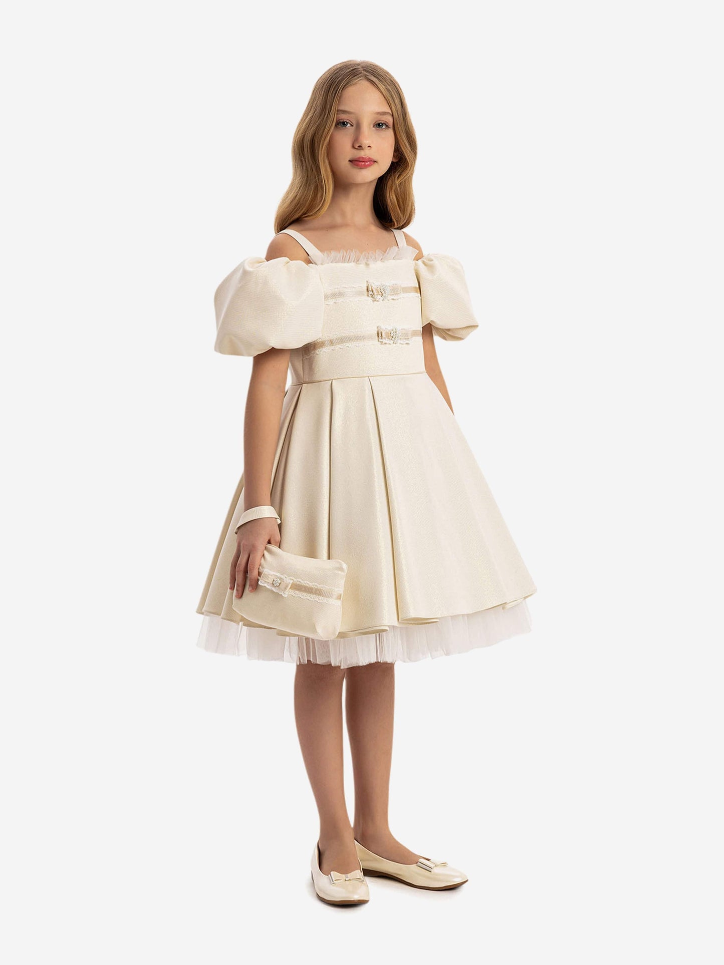 Beige puff-sleeve girls dress with embroidered bodice, tulle hem, matching bag