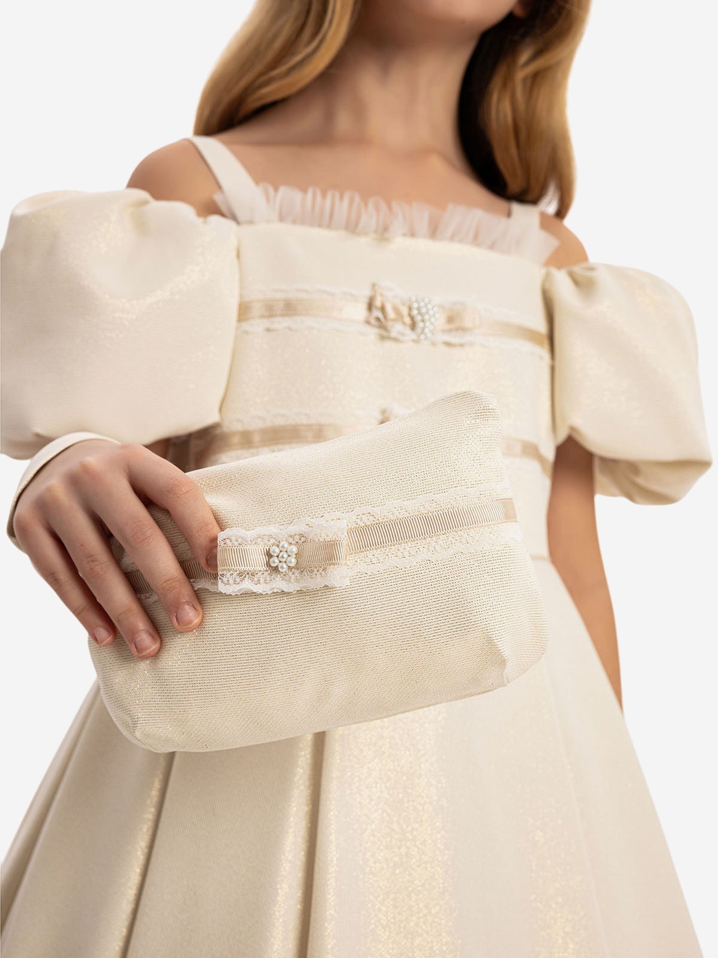 Beige matching fabric bag with embroidered details and fabric strap