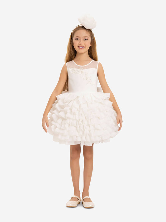 Girls white dress with floral appliqué bodice and layered tulle skirt, with matching headband