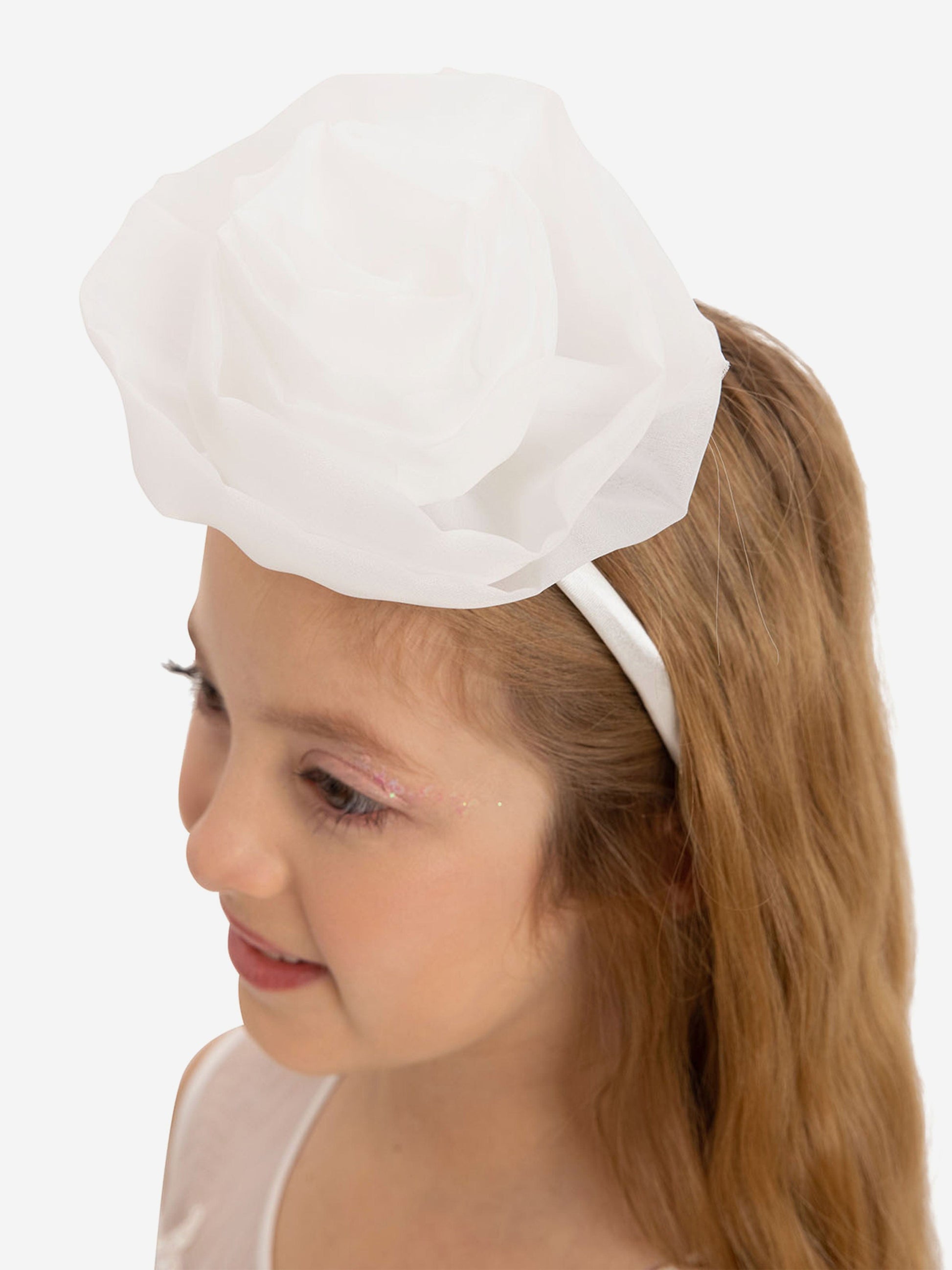 White dress headband with bow on girls hair, showing ruffled neckline and mesh yoke