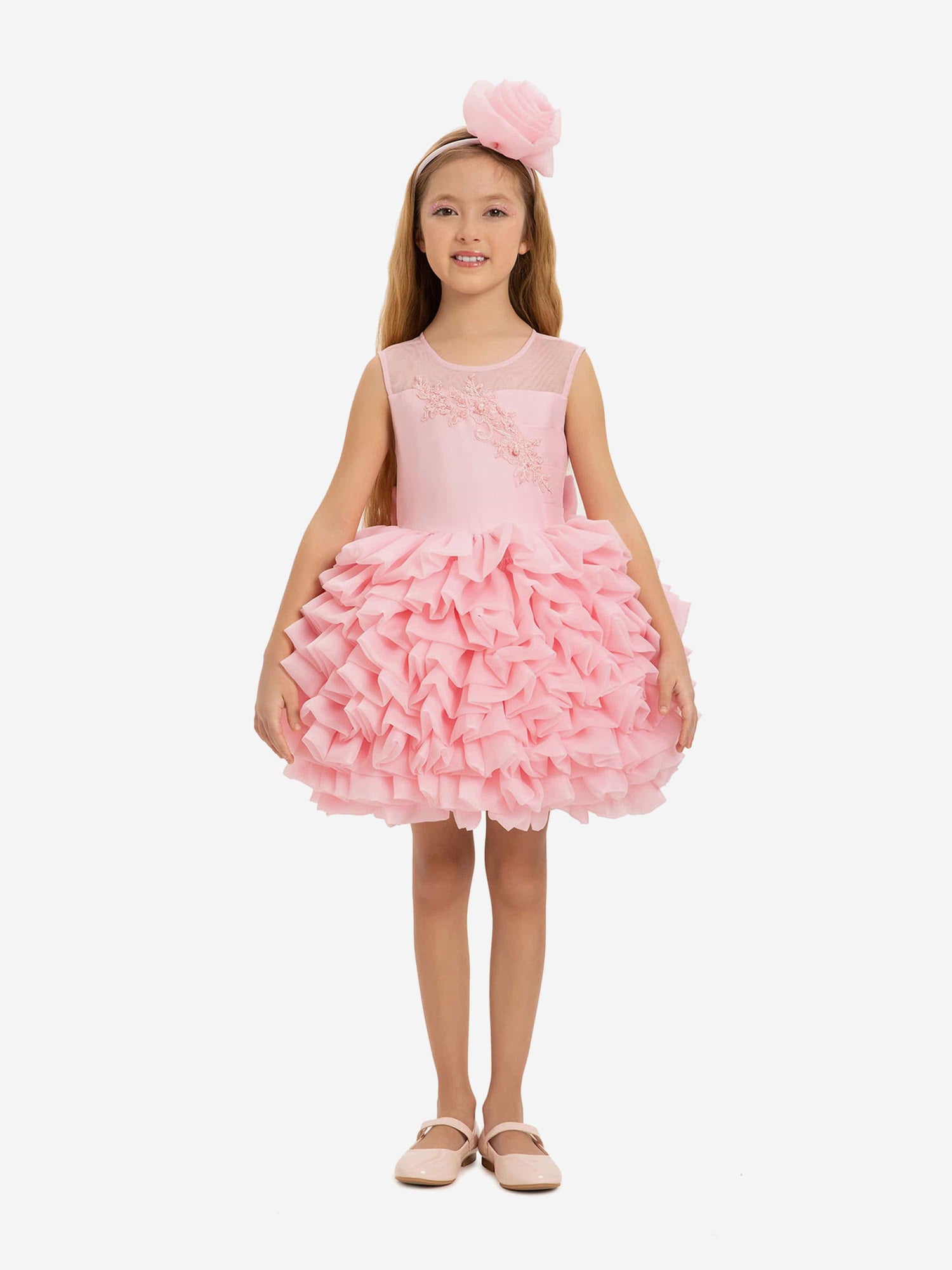 Girls pink dress with layered tulle skirt and matching flower headband