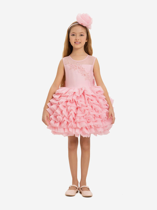 Girls pink dress with layered tulle skirt and matching flower headband