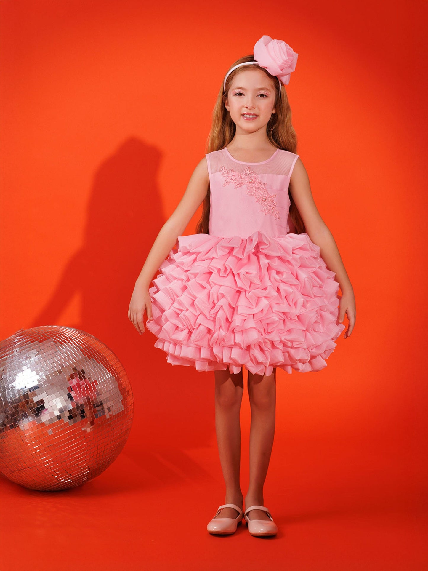 Pink girls dress with ruffled tulle skirt and flower headband