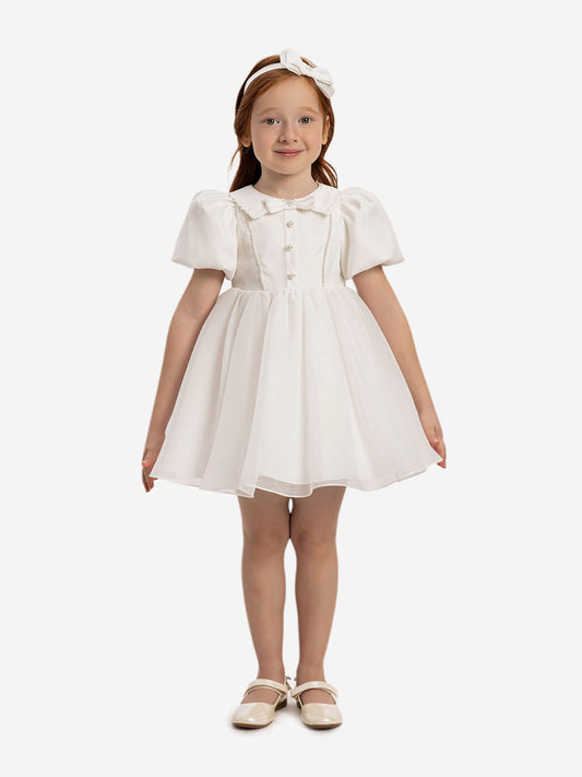 White baby girls dress with pearl buttons, bow collar and matching headband