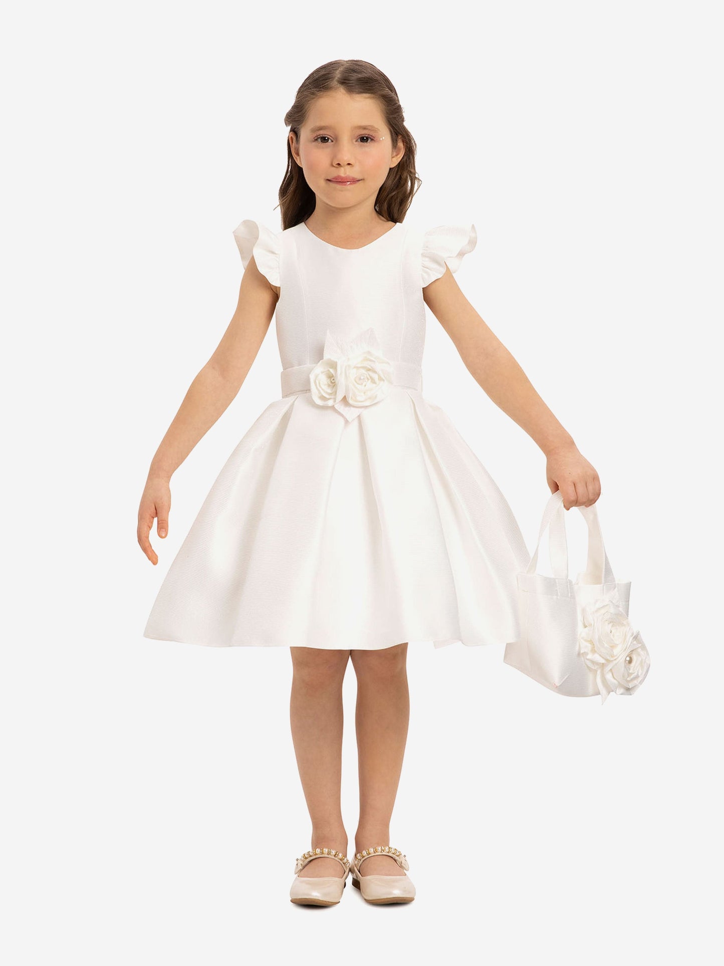 Girls white dress with rosette waist and matching floral tote bag