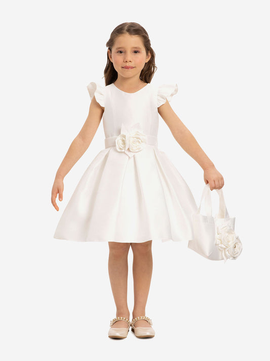 Girls white dress with rosette waist and matching floral tote bag