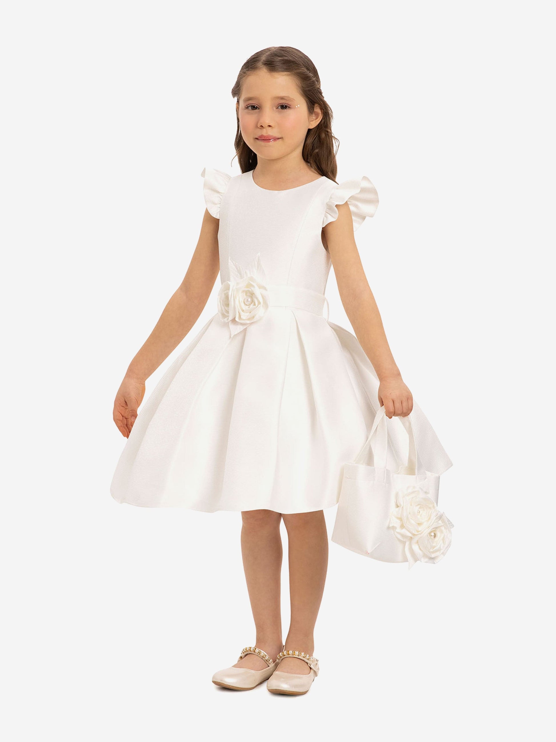 Girls white dress with puff sleeves, rosette waist, and floral tote bag