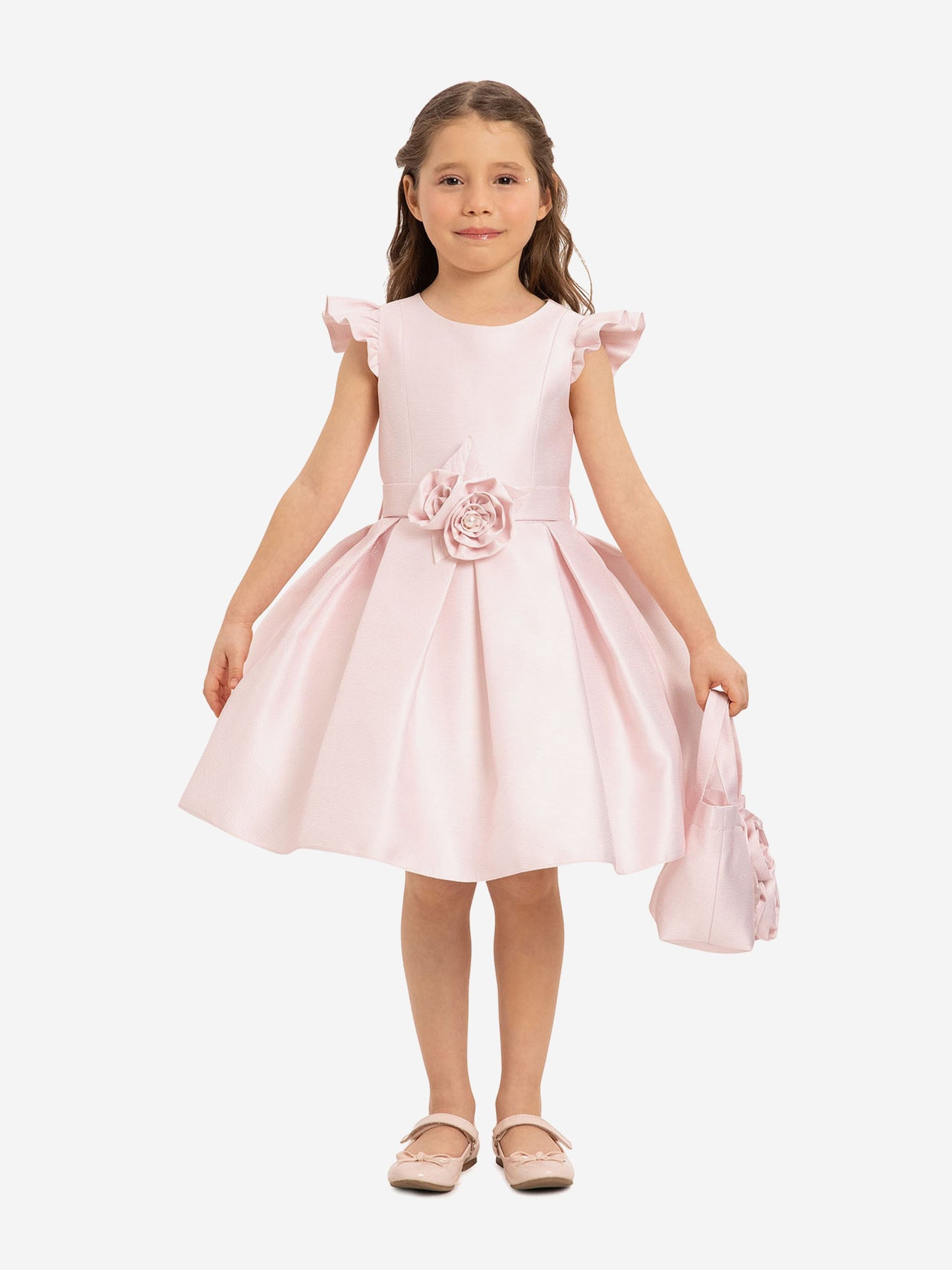 Pink girls’ dress with rose belt, ruffled sleeves, and matching floral bag