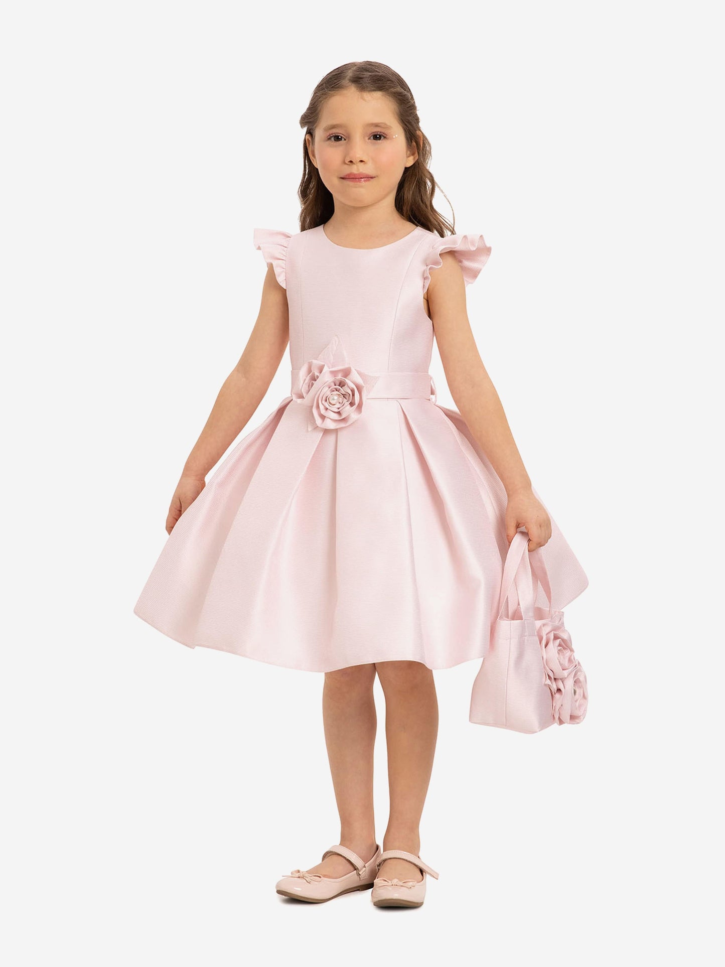 Pink skater dress with rose centerpiece and matching floral bag