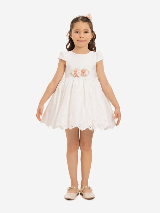 White baby girls dress with peach floral waist detail and matching headband