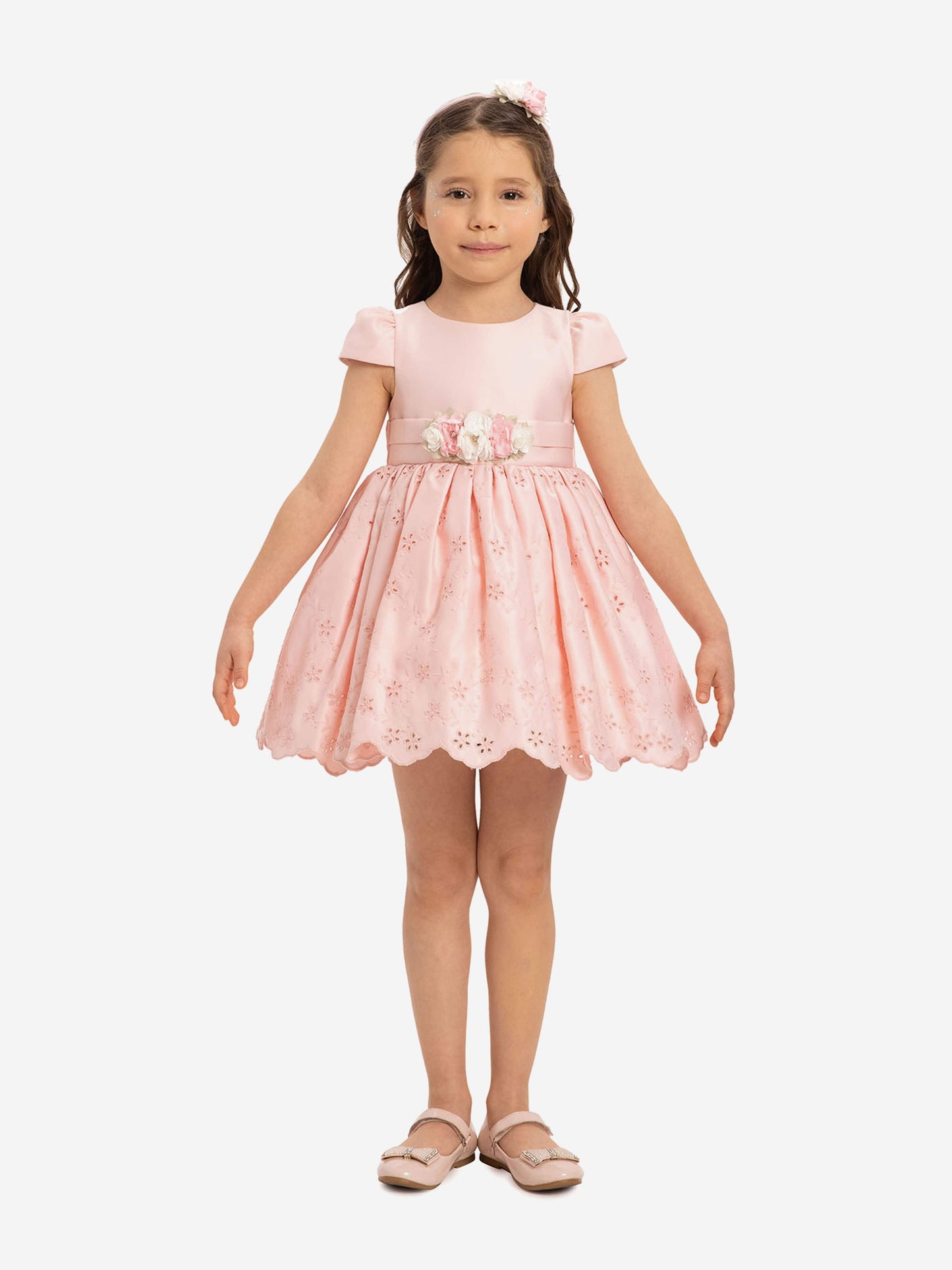 Pink baby girls dress with floral waist band and short puff sleeves