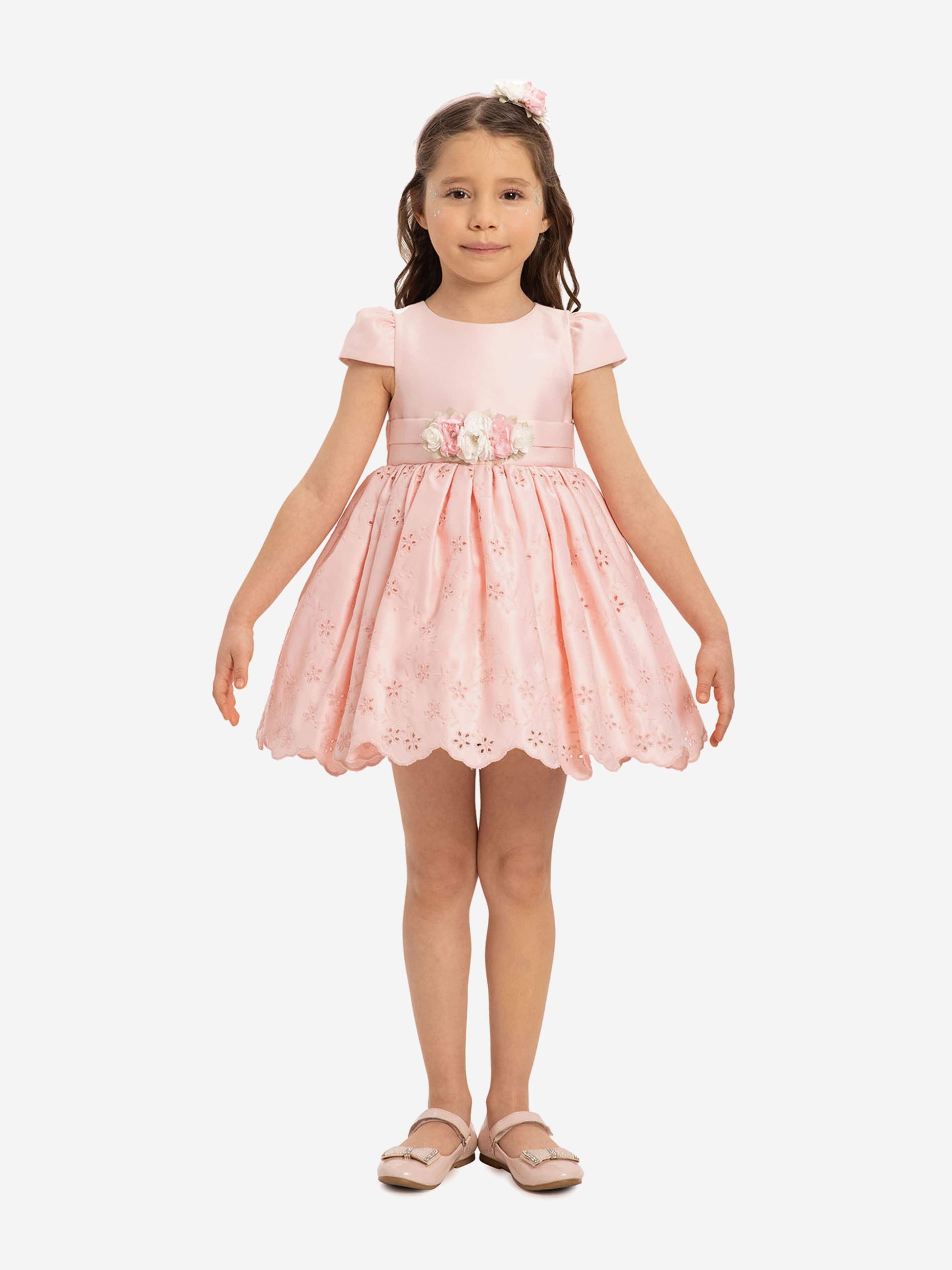 Pink baby girls dress with floral waist band and short puff sleeves