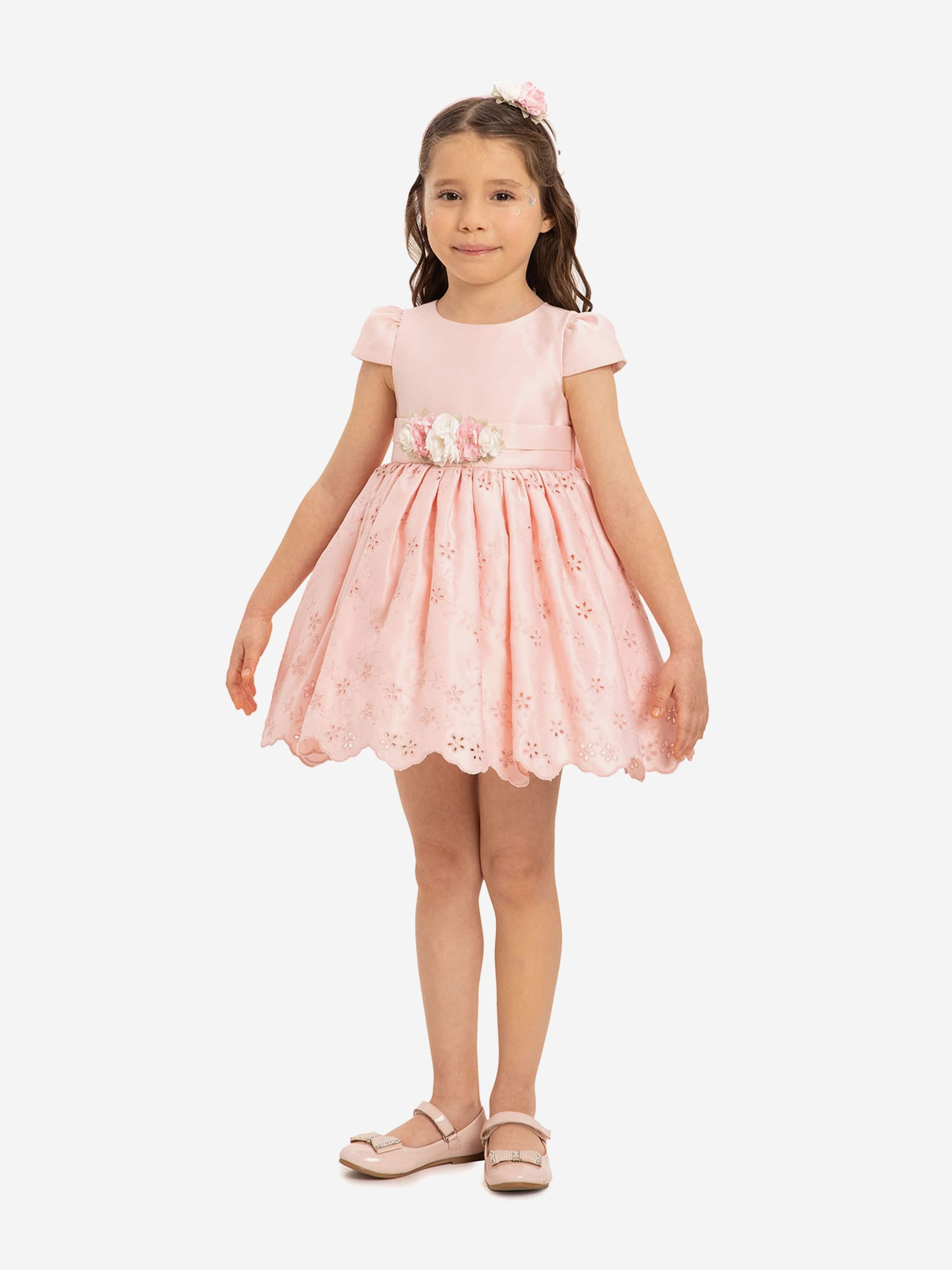 Pink baby girls dress with floral bodice detail, gathered skirt and lace hem