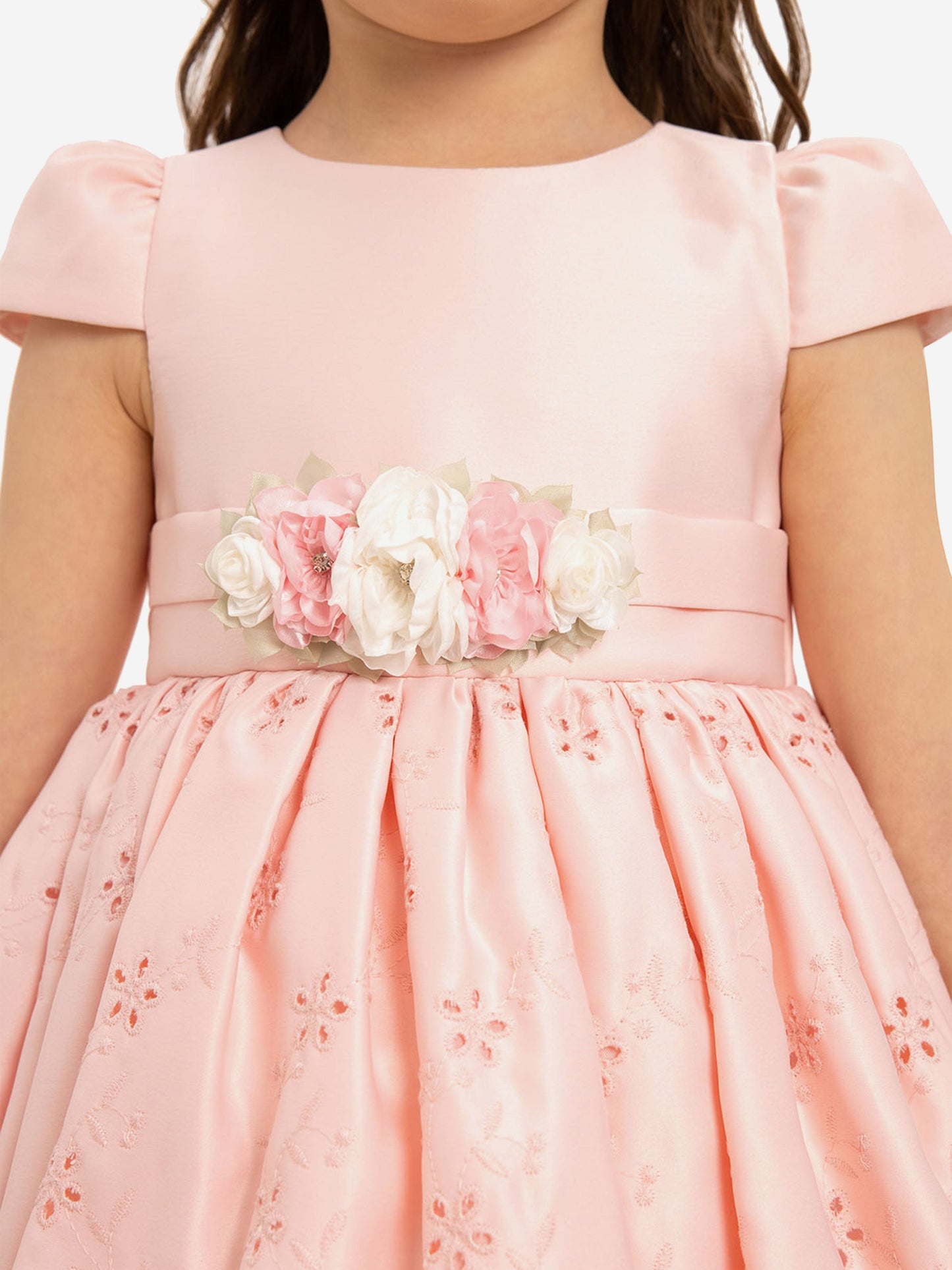 Pink dress bodice with large flower applique and satin ribbon waist