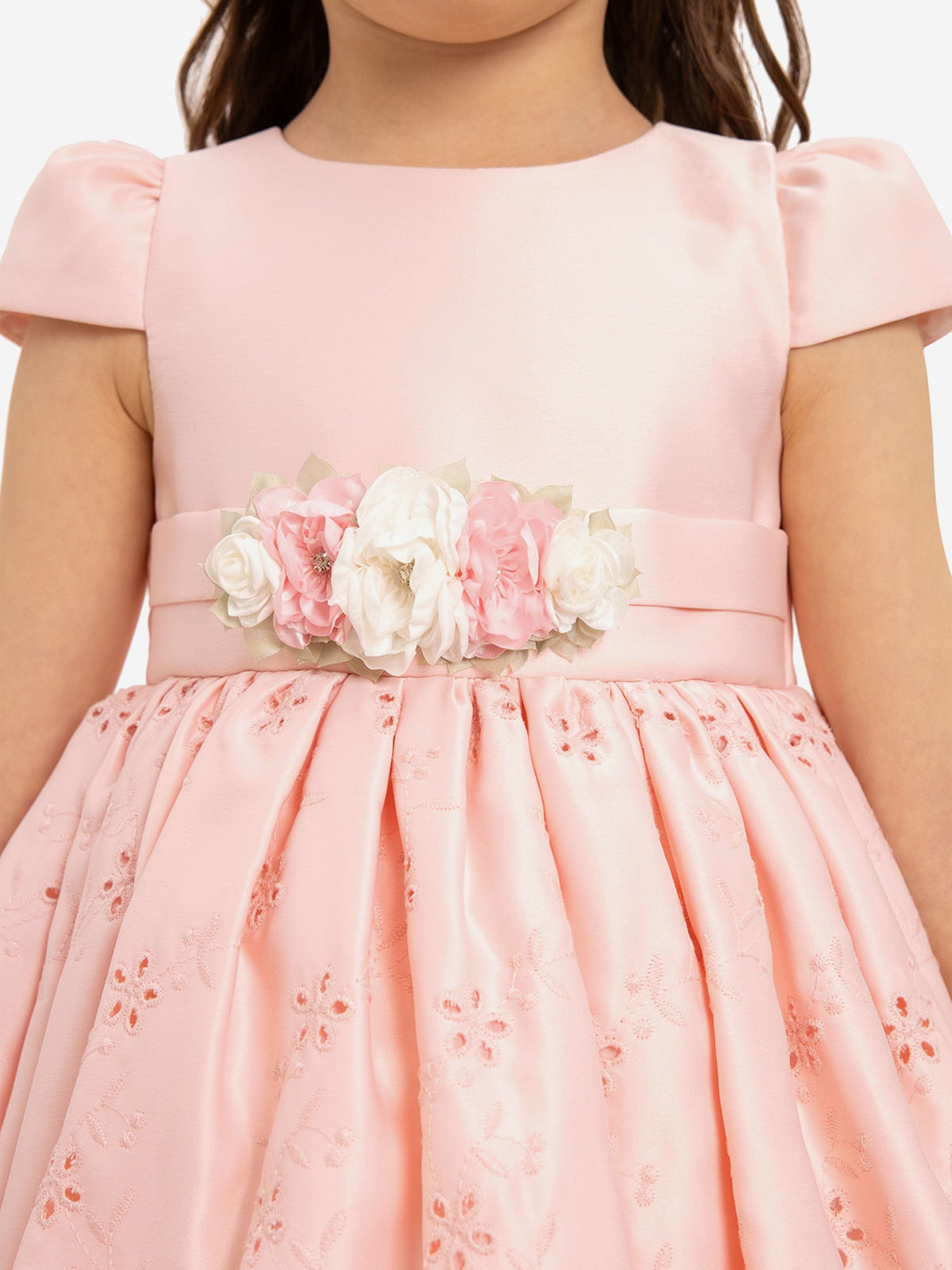 Pink dress bodice with large flower applique and satin ribbon waist