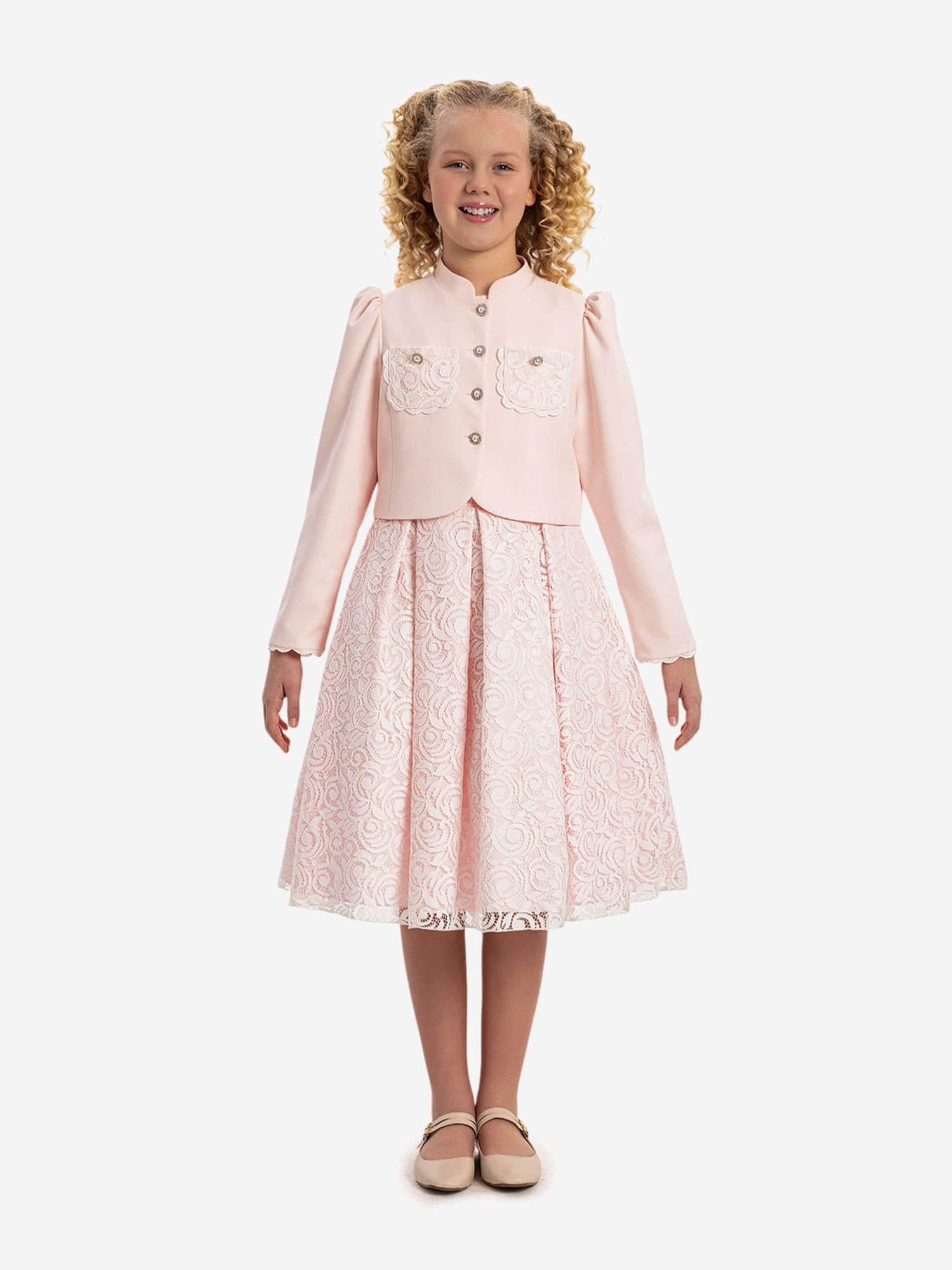 Girls pink lace dress with matching bolero jacket, front button detail