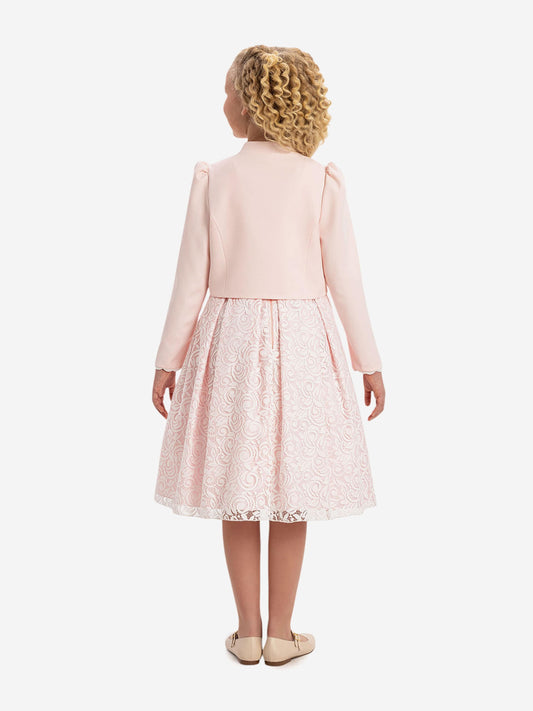 Back view of girls pink lace dress with bolero, keyhole neckline and lace hem