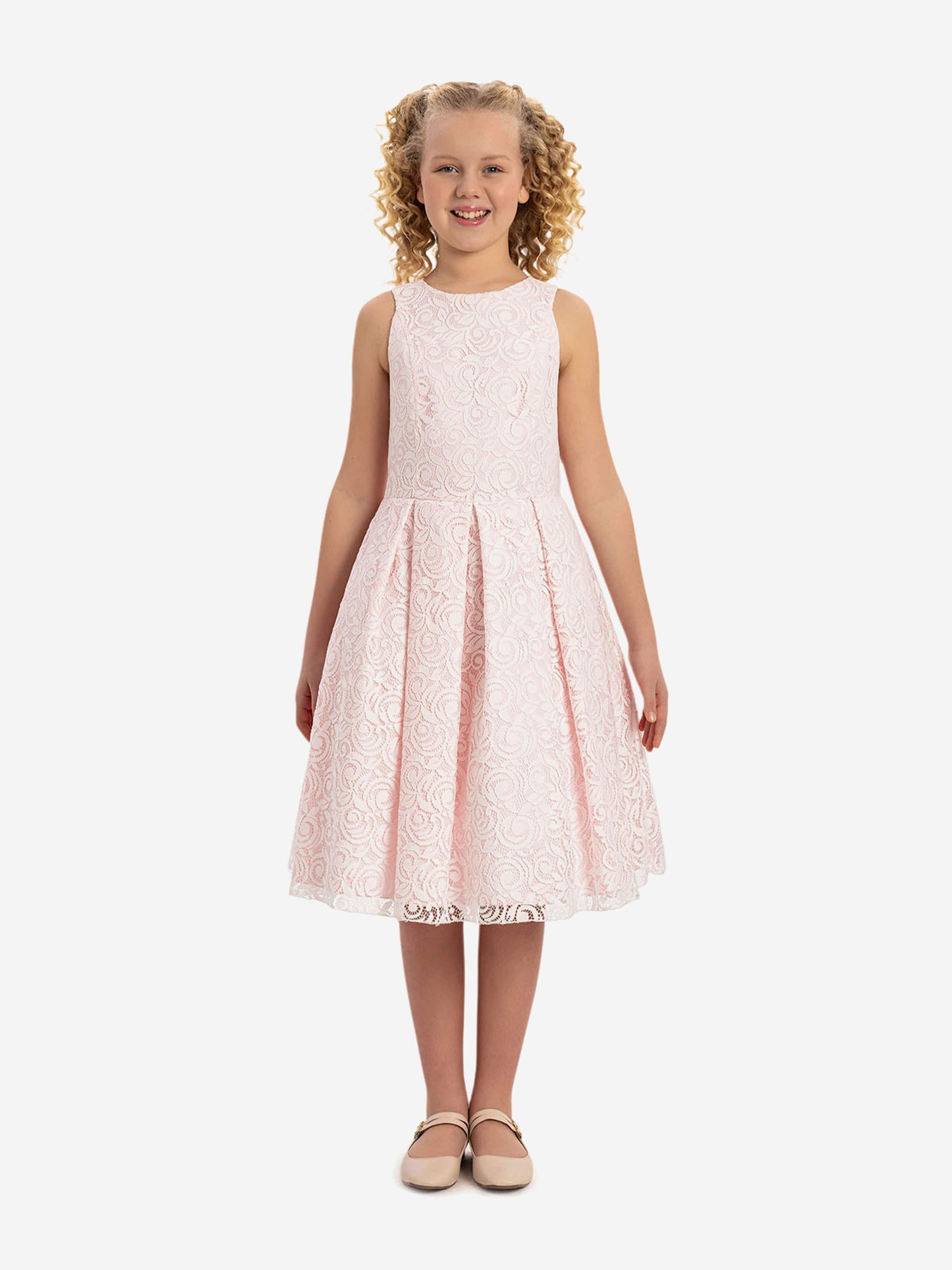 Girls pink sleeveless lace dress with floral lace overlay and gathered skirt