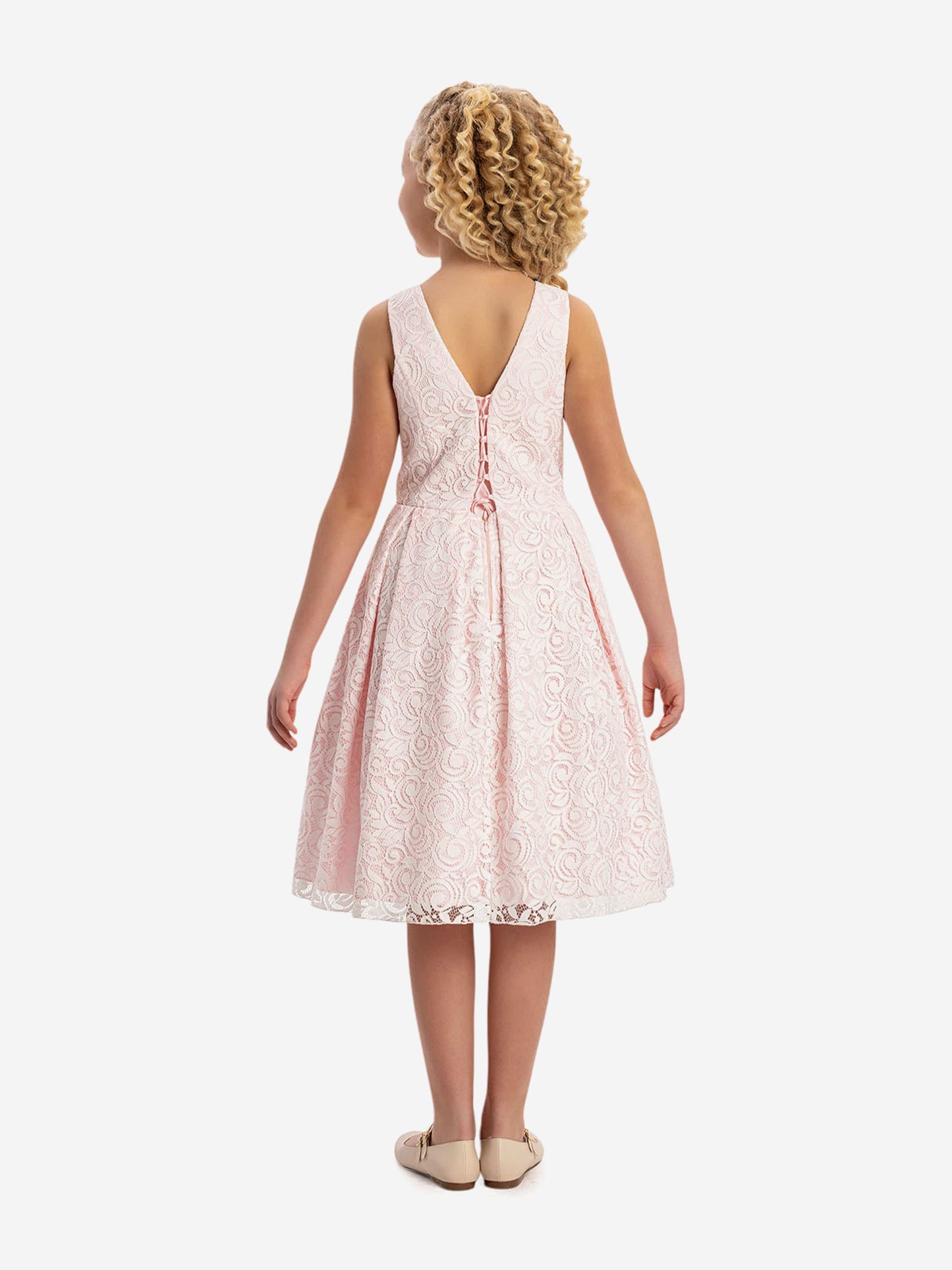 Girls pink lace dress back view with tie at center back and flared skirt