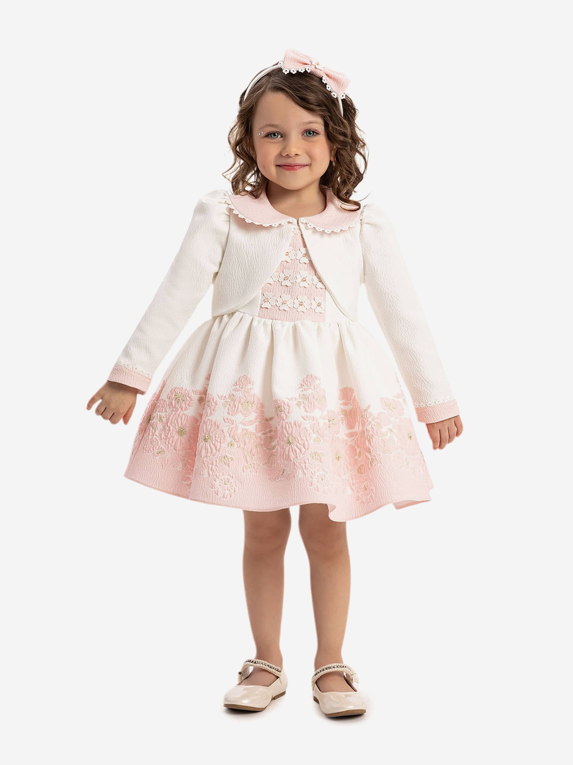 Pink baby girls dress with white bolero; floral yoke and gathered skirt