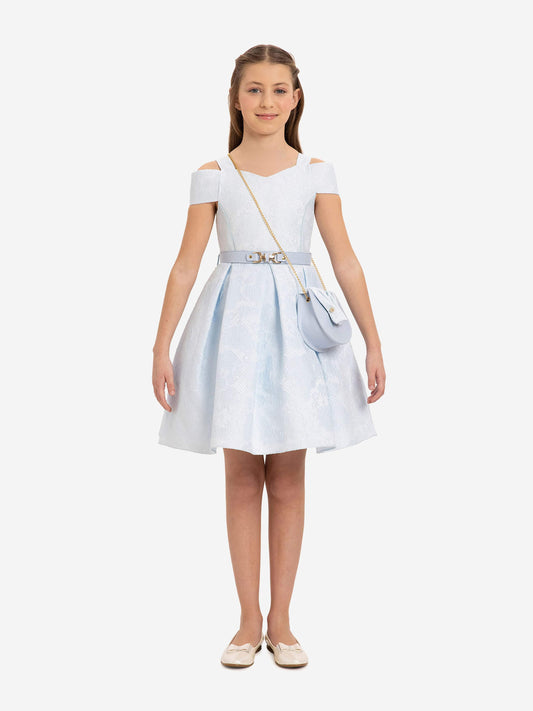Girls blue dress with off-shoulder neckline, belt with buckle, and mini crossbody bag