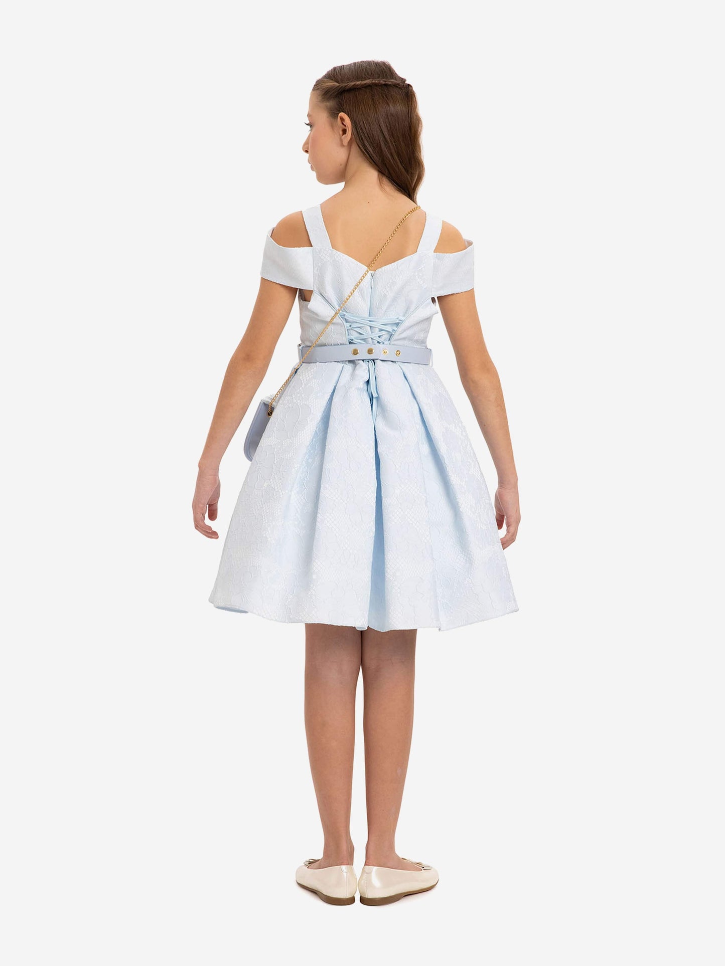Girls blue off-shoulder dress with back cutout, waist belt, and side mini crossbody bag
