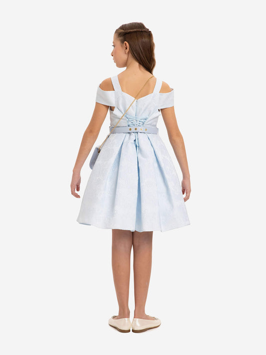 Girls blue off-shoulder dress with back cutout, waist belt, and side mini crossbody bag
