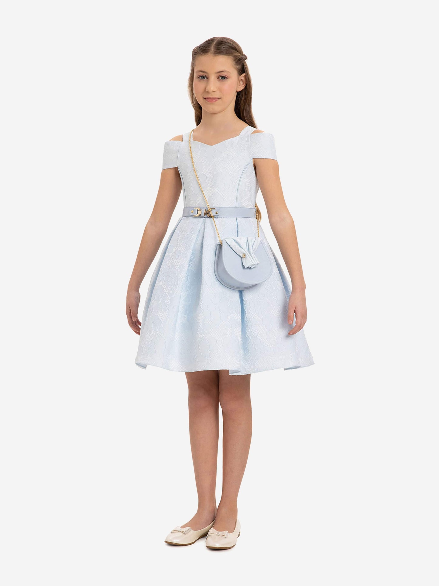 Girls blue skater dress with off-shoulder neckline, waist belt, and attached mini bag
