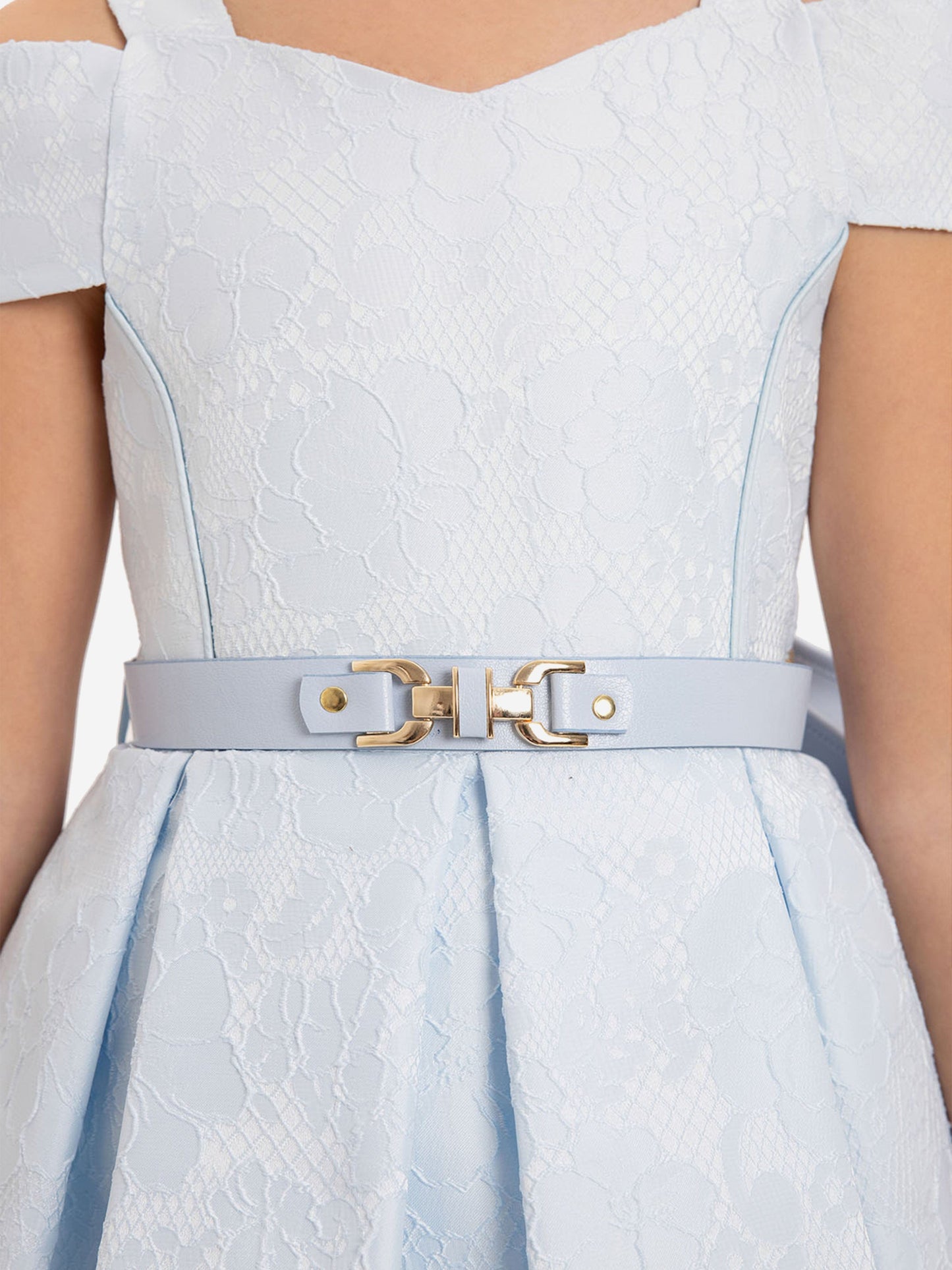 Blue textured dress with wide belt and gold buckle, off-shoulder neckline detail