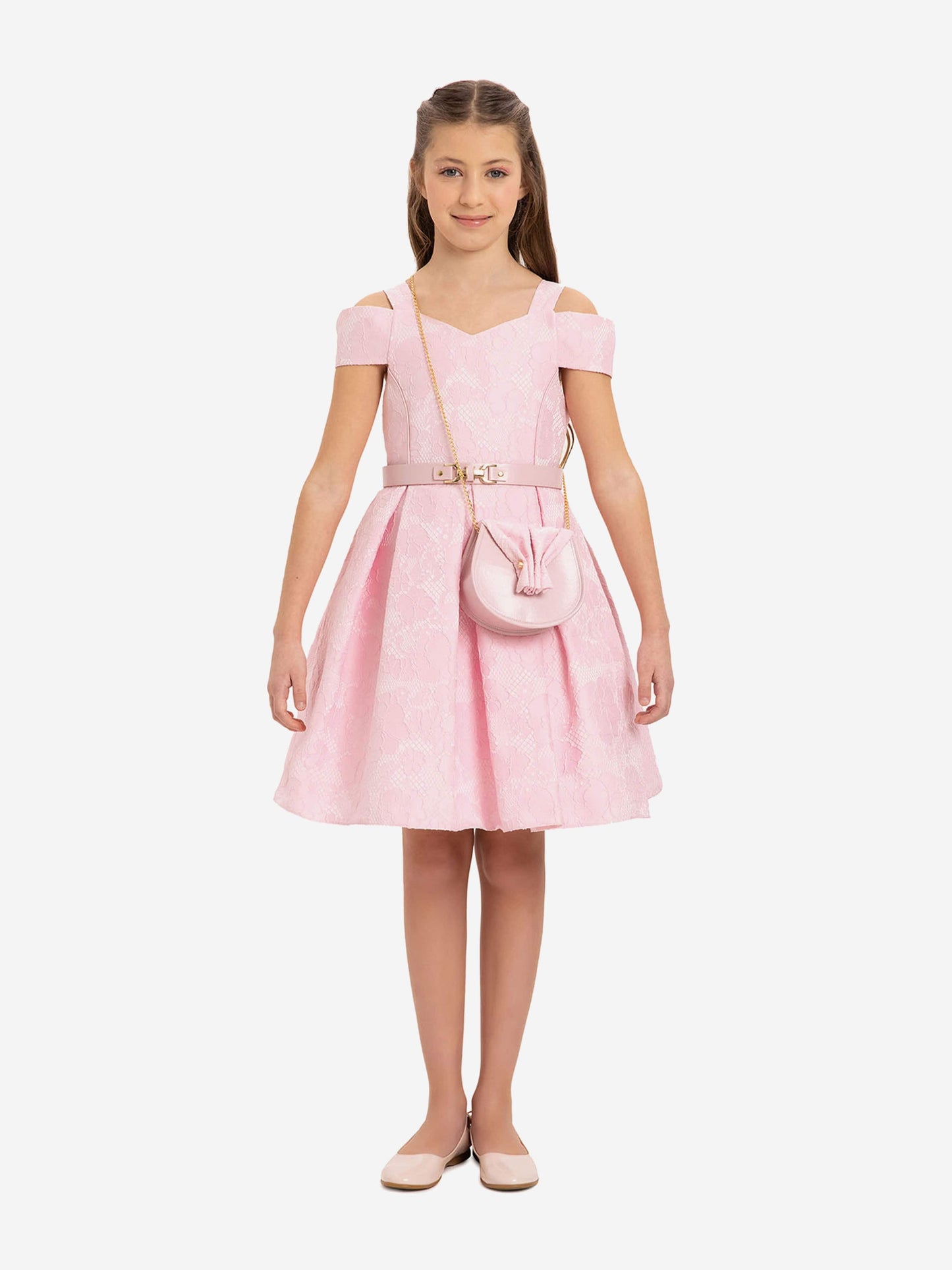 Girls pink dress with off-shoulder sleeves, belt, and small crossbody bag
