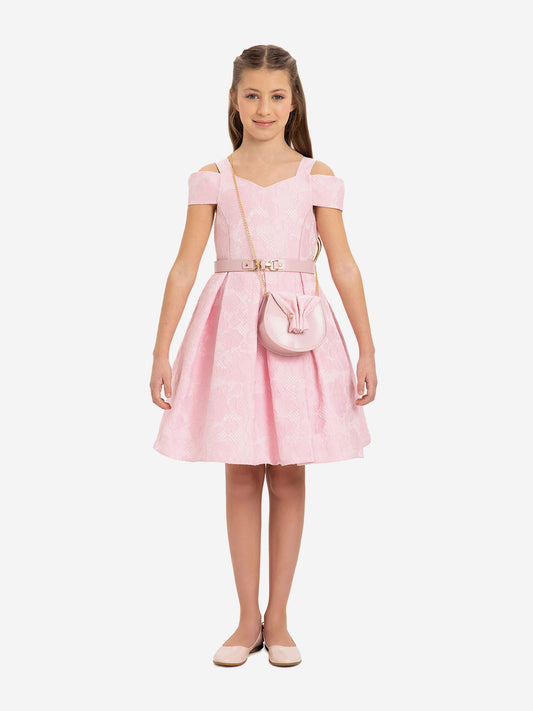 Girls pink dress with off-shoulder sleeves, belt, and small crossbody bag