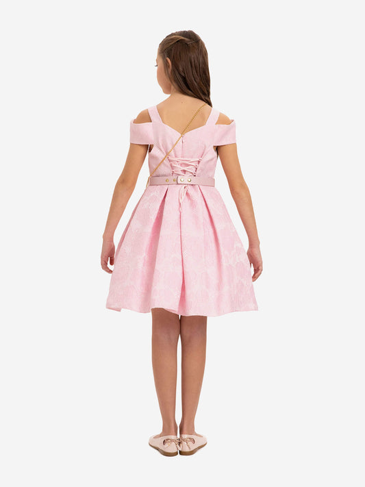 Girls pink dress back view with belt and crossbody bag strap