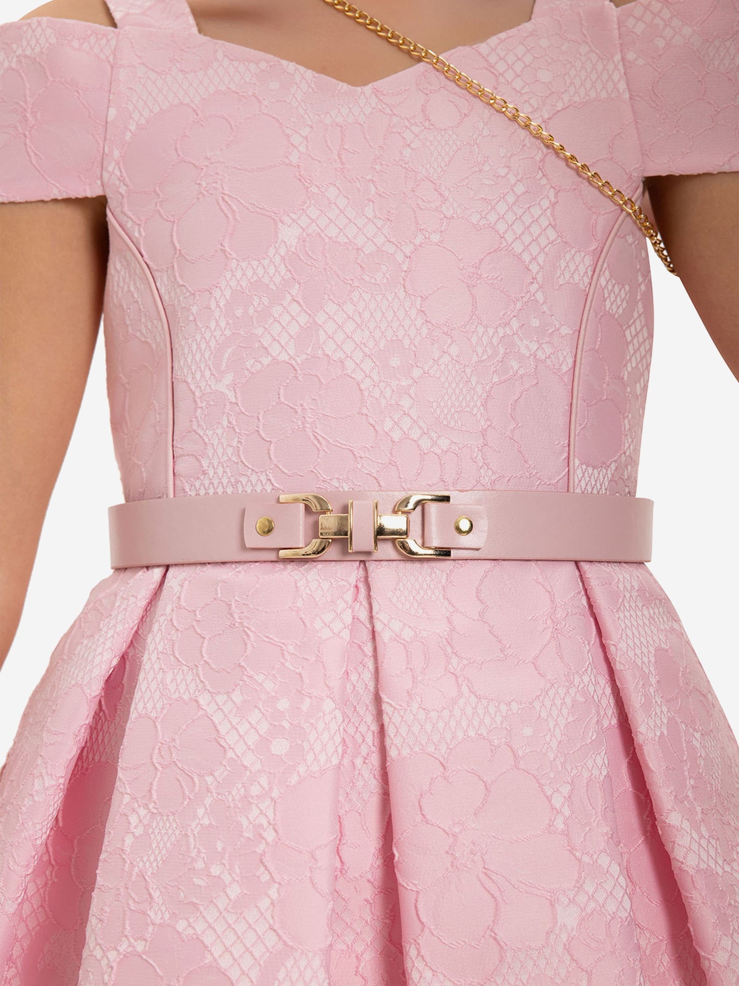 Pink jacquard girls dress bodice with gold clasp belt