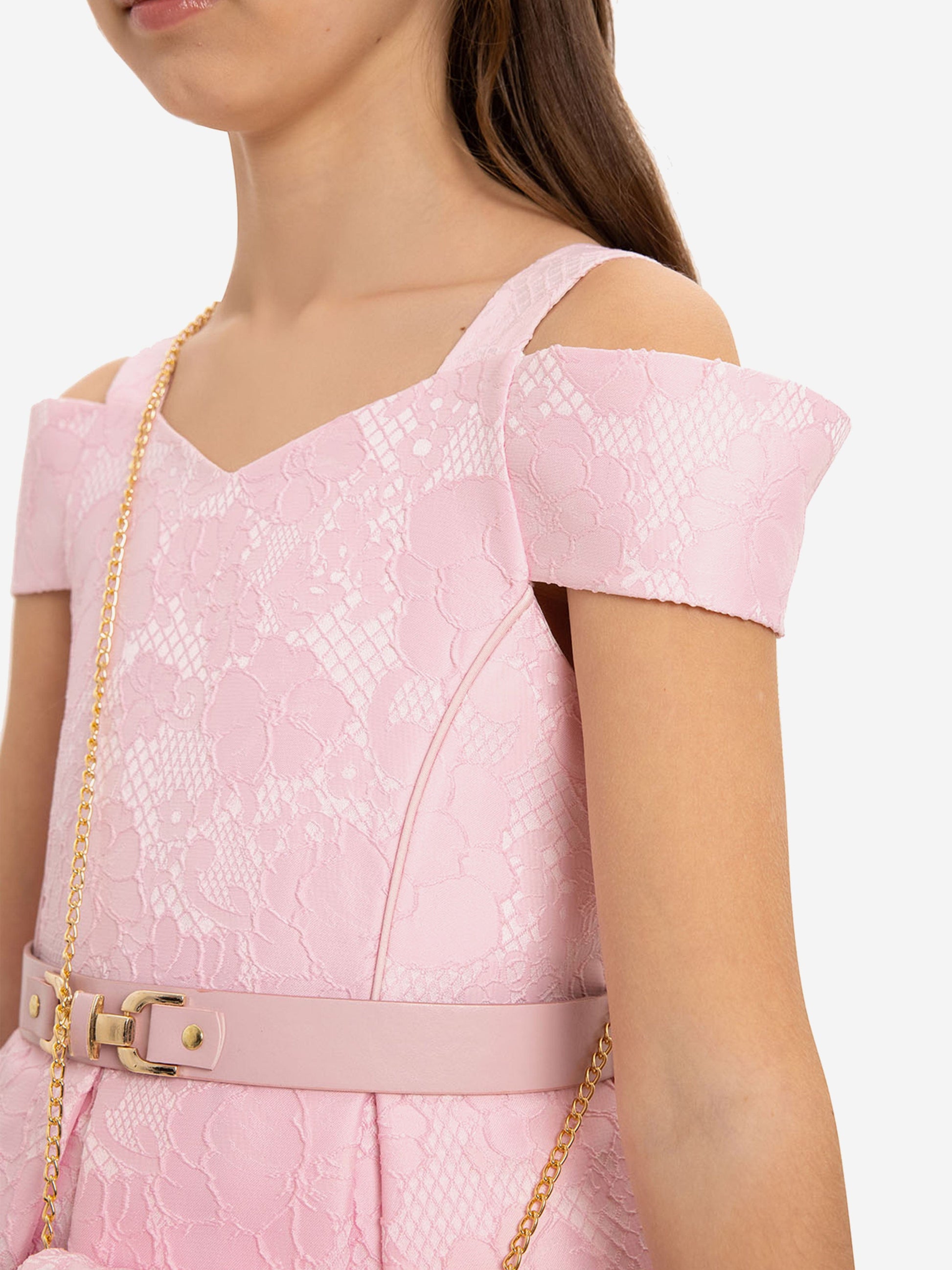 Pink off-shoulder girls dress with belt and gold chain bag strap