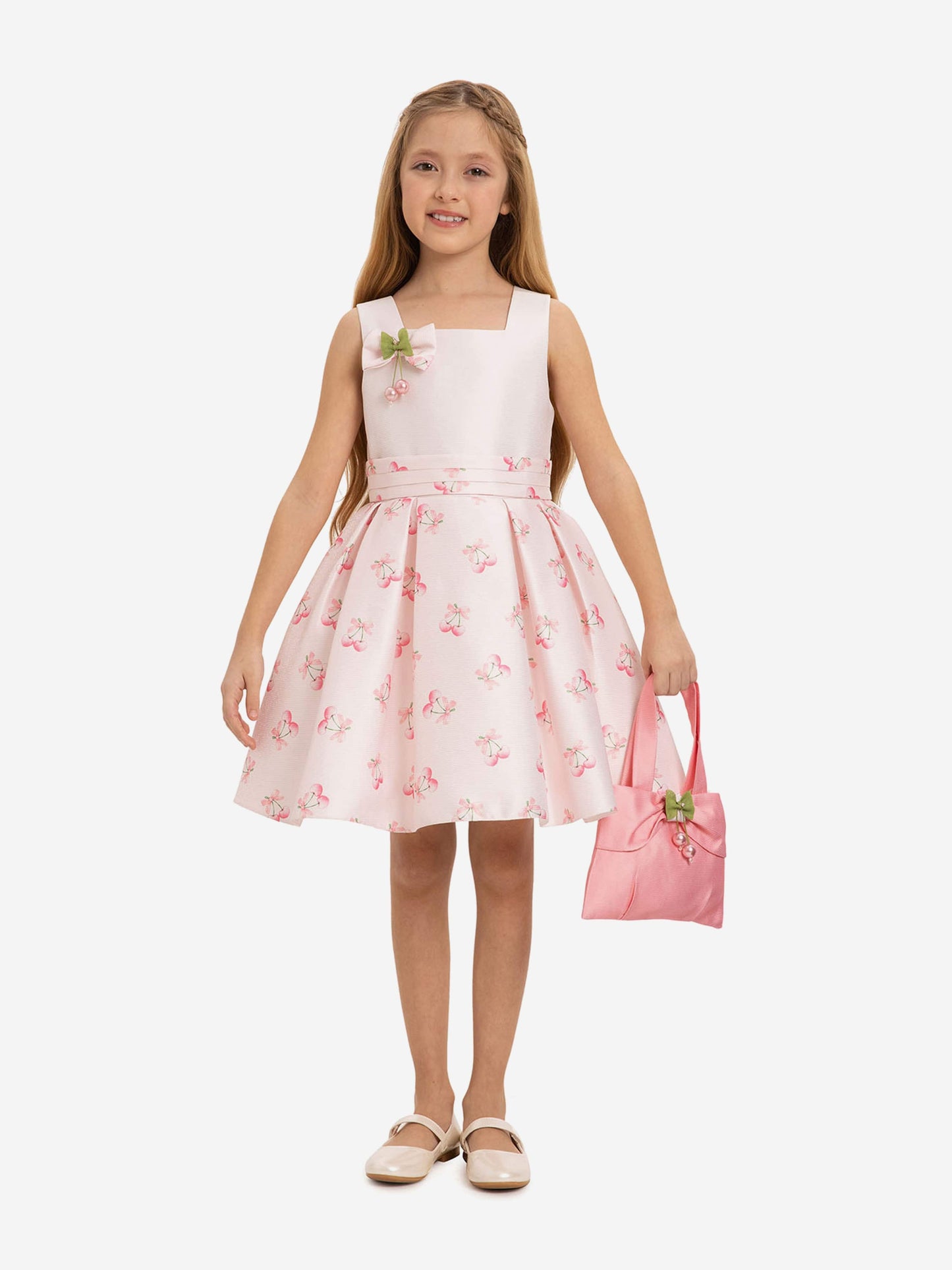 Pink cherry girls' dress with matching bow bag, sleeveless, full skirt with cherry print