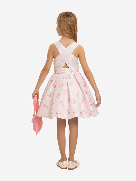 Girls' pink cherry dress from back, full skirt with bow detail and matching tote bag