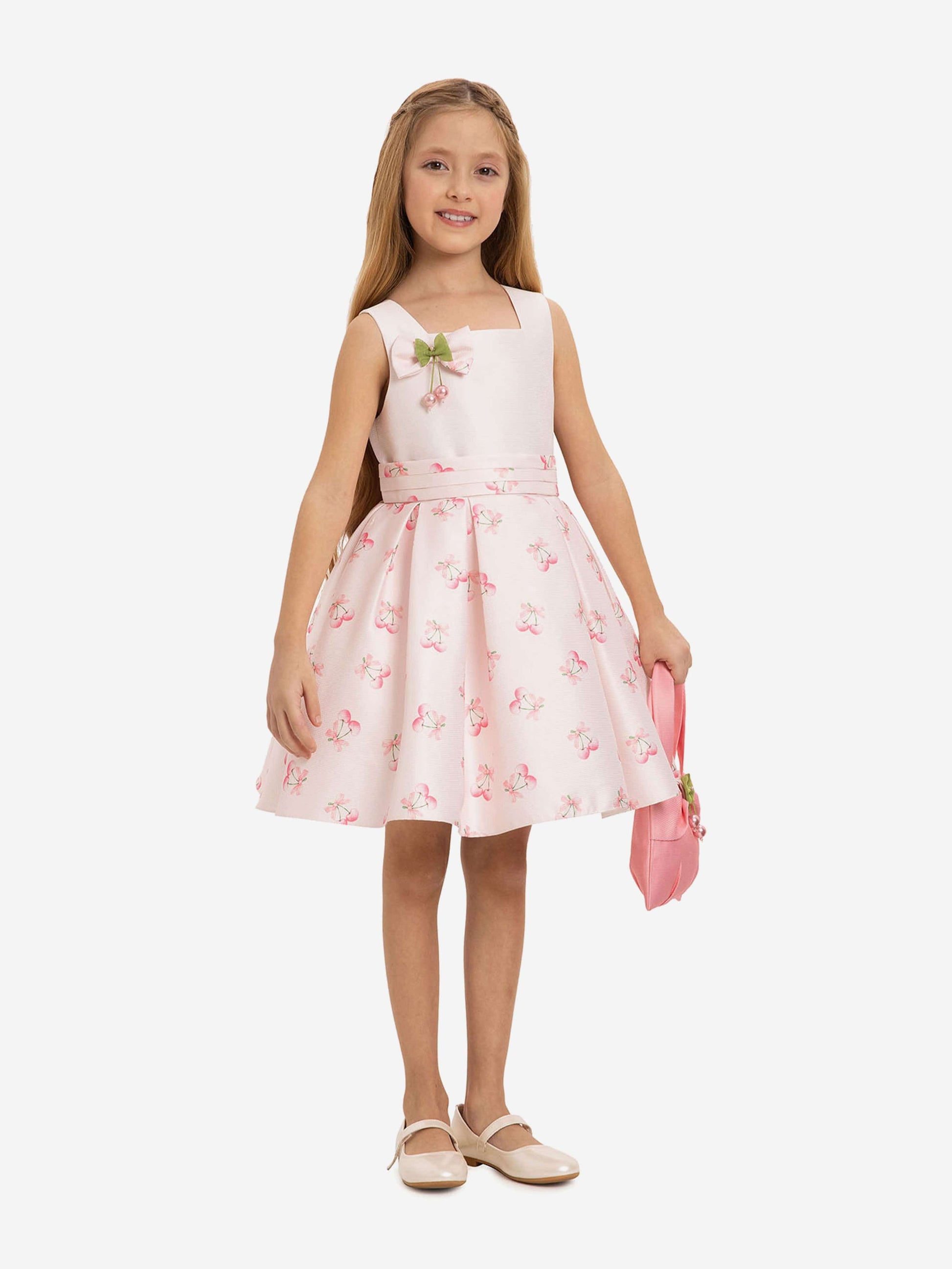 Pink cherry dress with matching bag, sleeveless square neckline, full gathered skirt