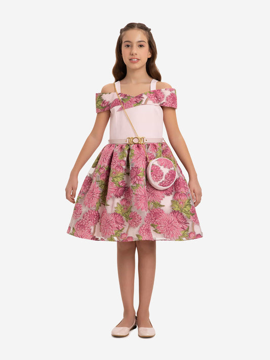 Rosa Jacquard-Kleid für Mädchen mit Schultertasche, Off-Shoulder-Design