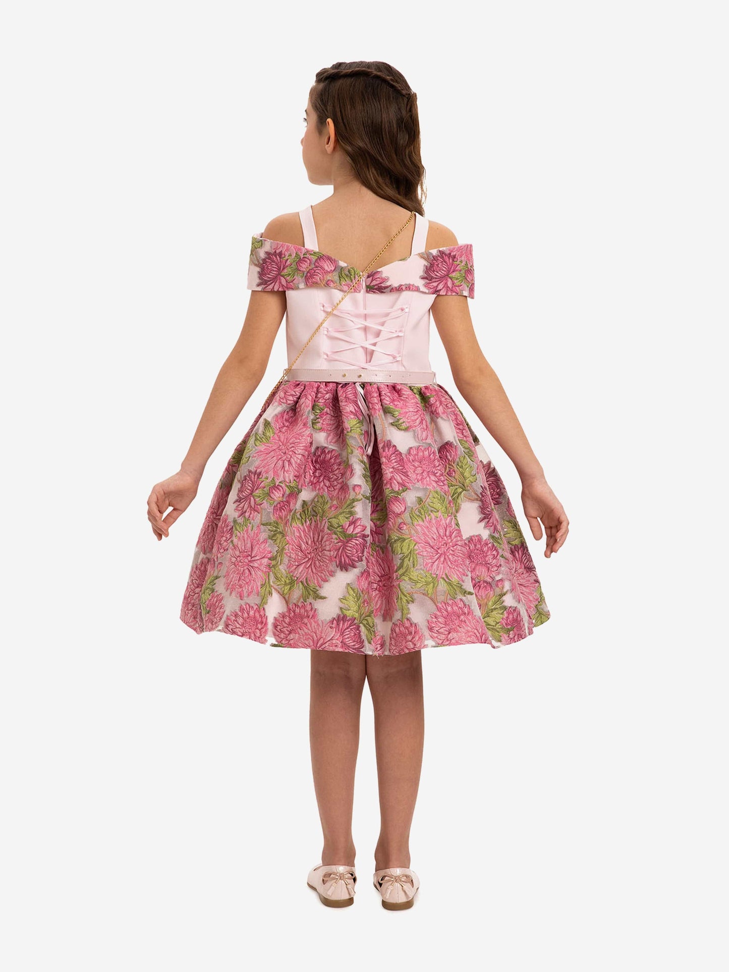 Rosa Jacquard-Kleid für Mädchen mit Schleife am Rücken und Schultertasche, Blumenmuster