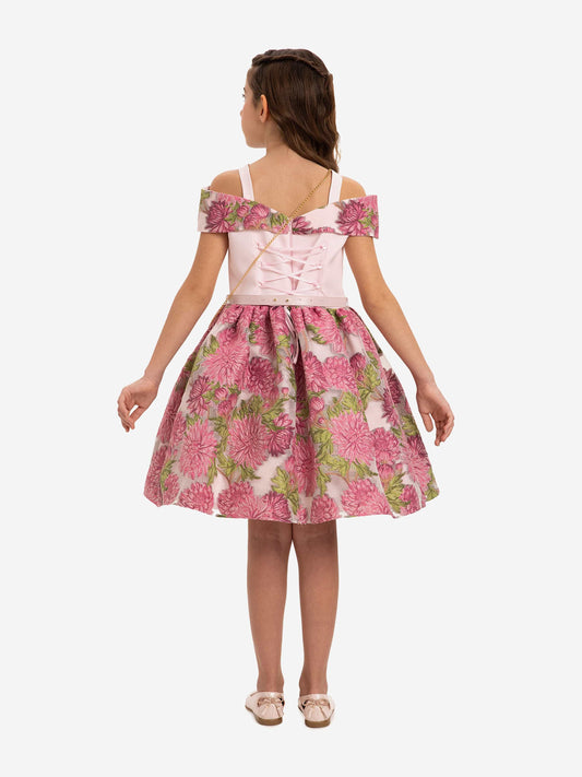 Rosa Jacquard-Kleid für Mädchen mit Schleife am Rücken und Schultertasche, Blumenmuster