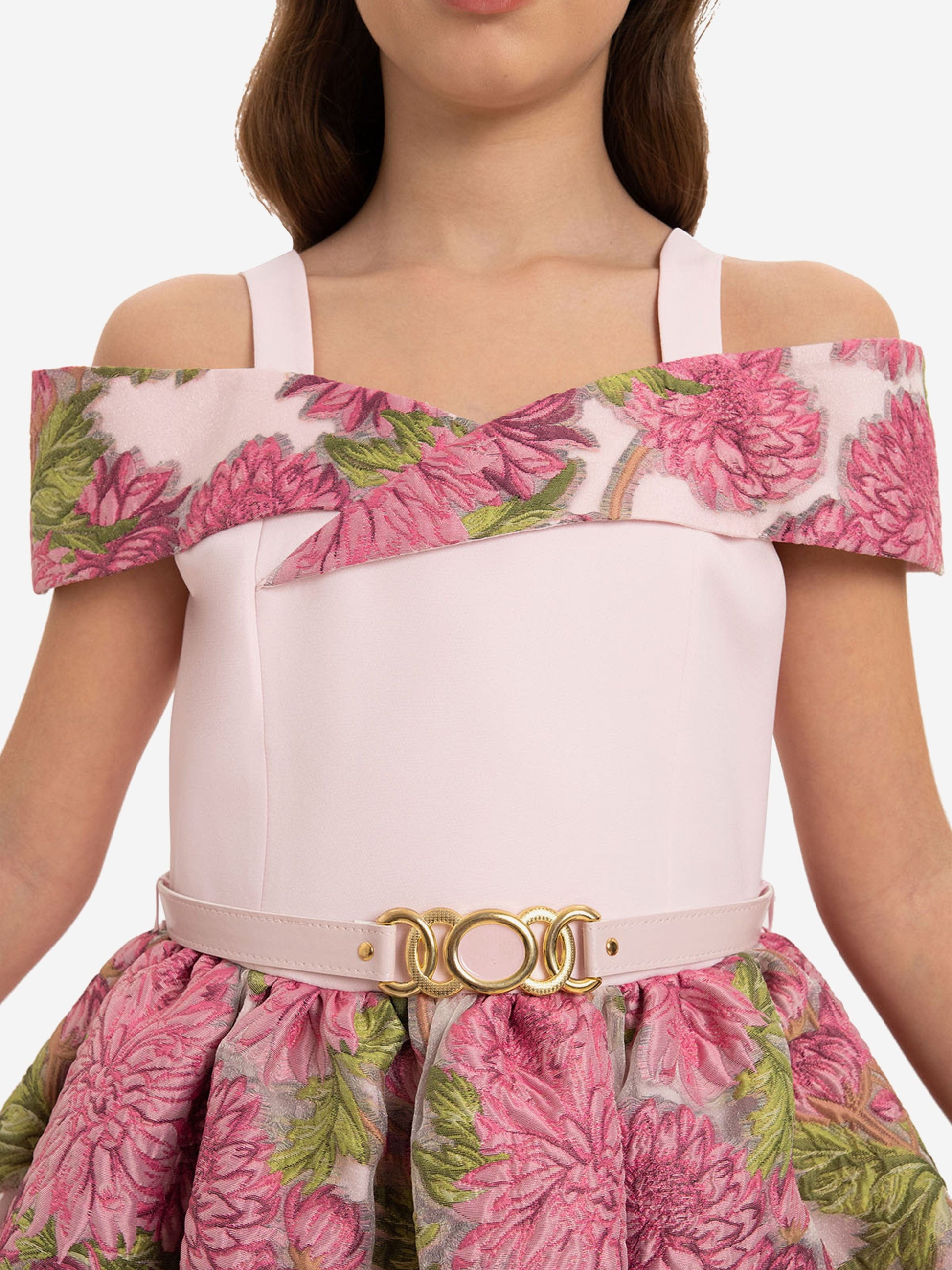Rosa Off-Shoulder Kleid mit Blumen-Jacquard und Taillenbund mit dekorativer Schnürung