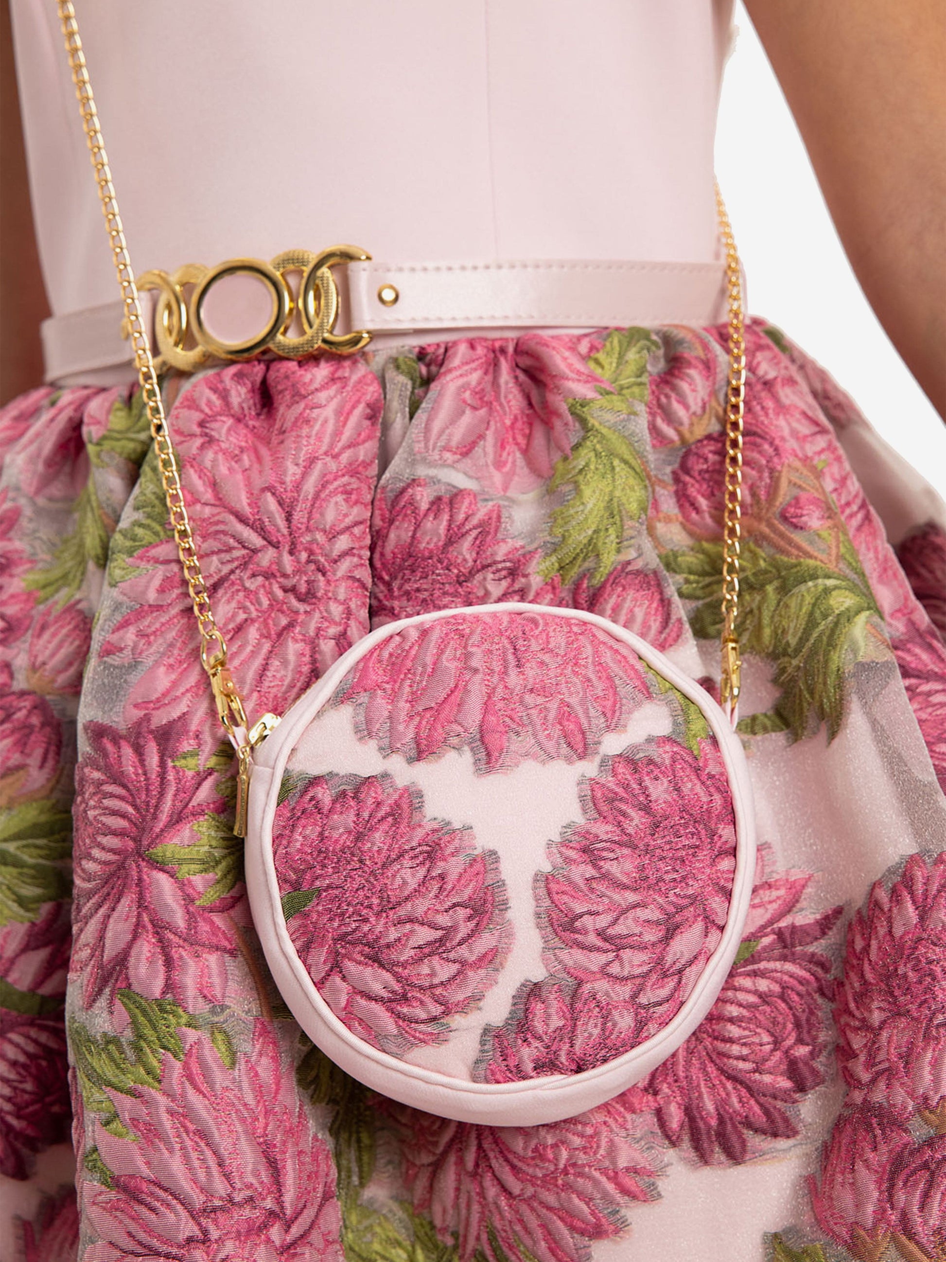Rosa Taillengurt mit O-Ring-Schließe und runder Mini-Schultertasche im Blumenmuster